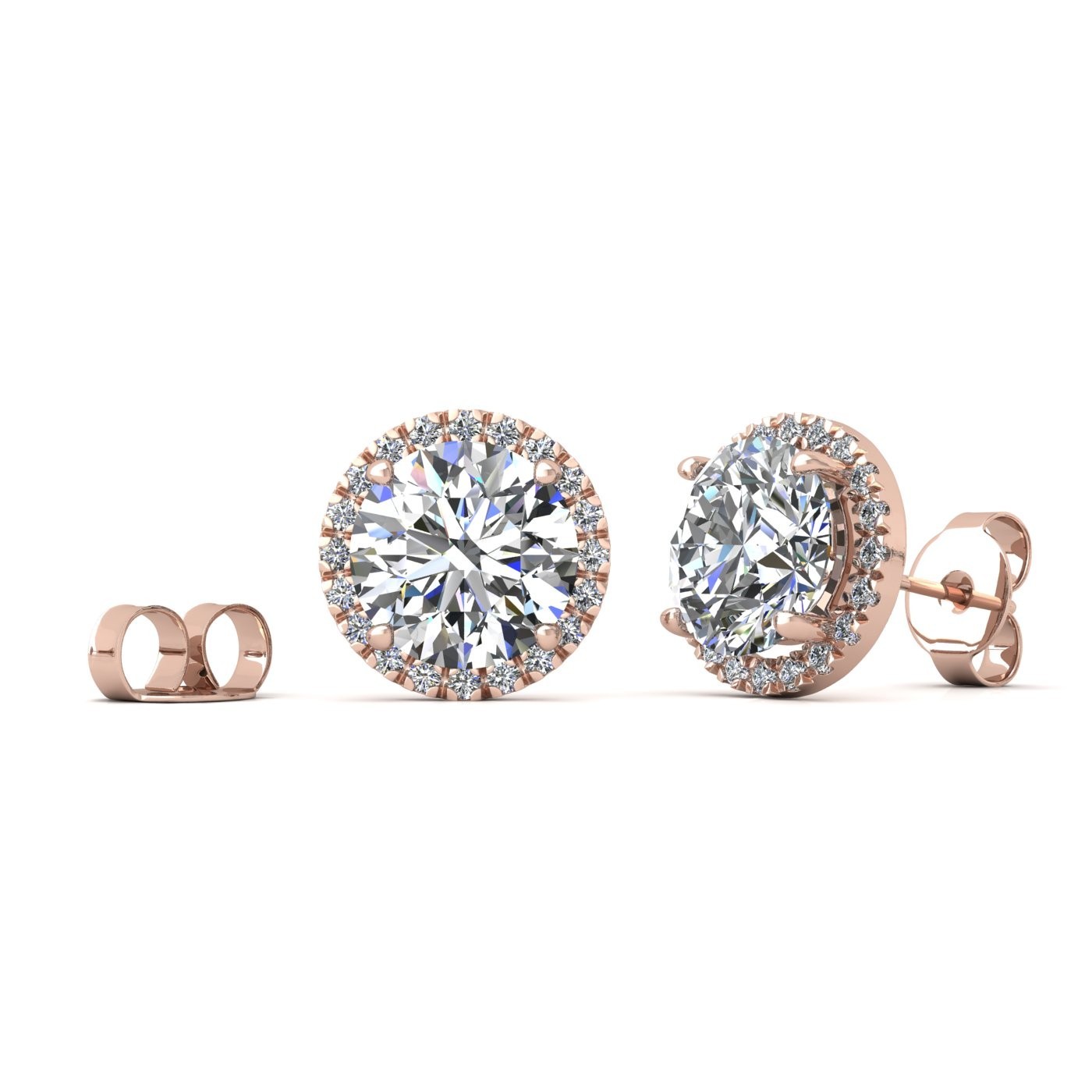 18k rose gold  1 ct each (2,0 tcw) 4 prongs round shape diamond earrings with diamond pavÉ set halo