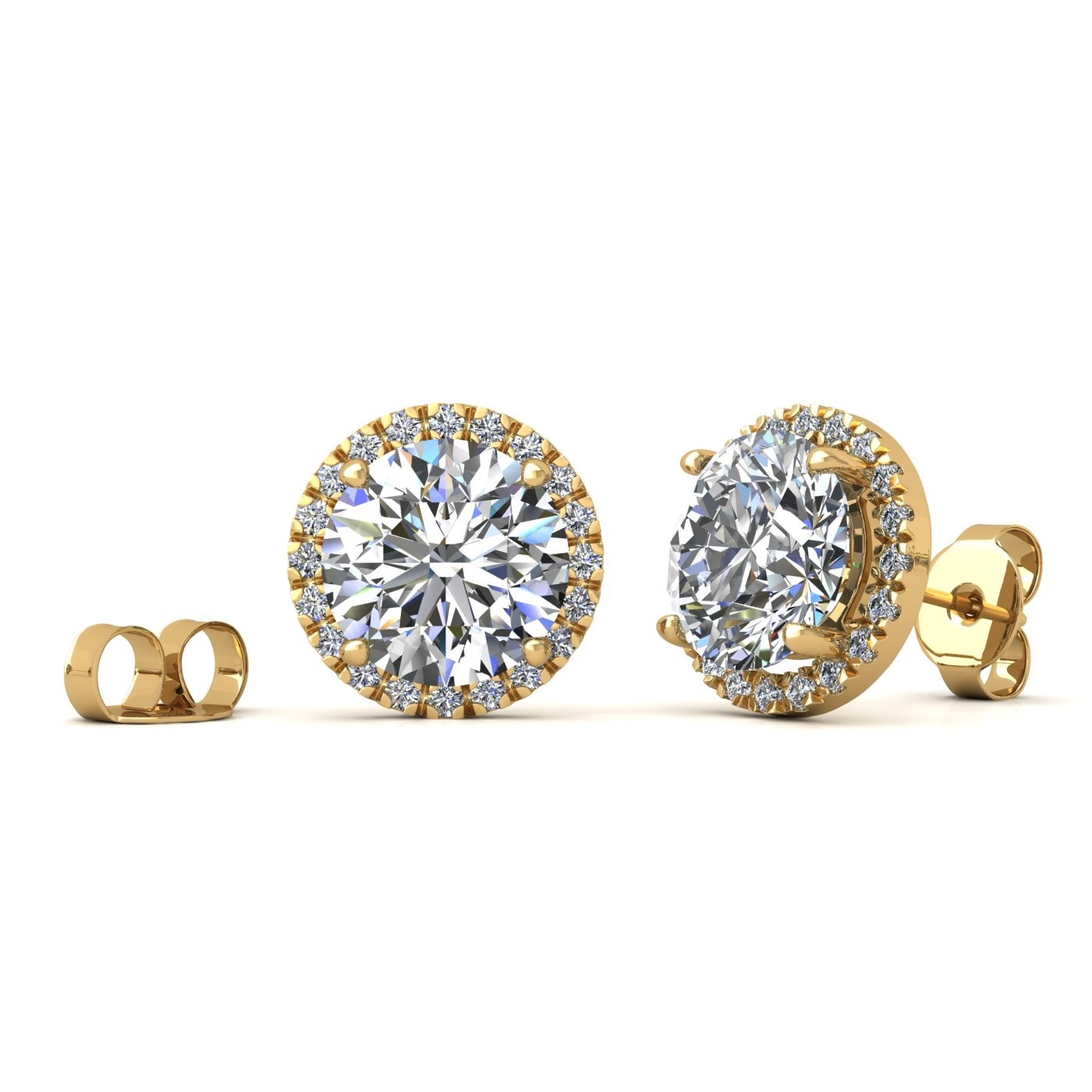 18k yellow gold  0,3 ct each (0,6 tcw) 4 prongs round shape diamond earrings with diamond pavÉ set halo Photos & images