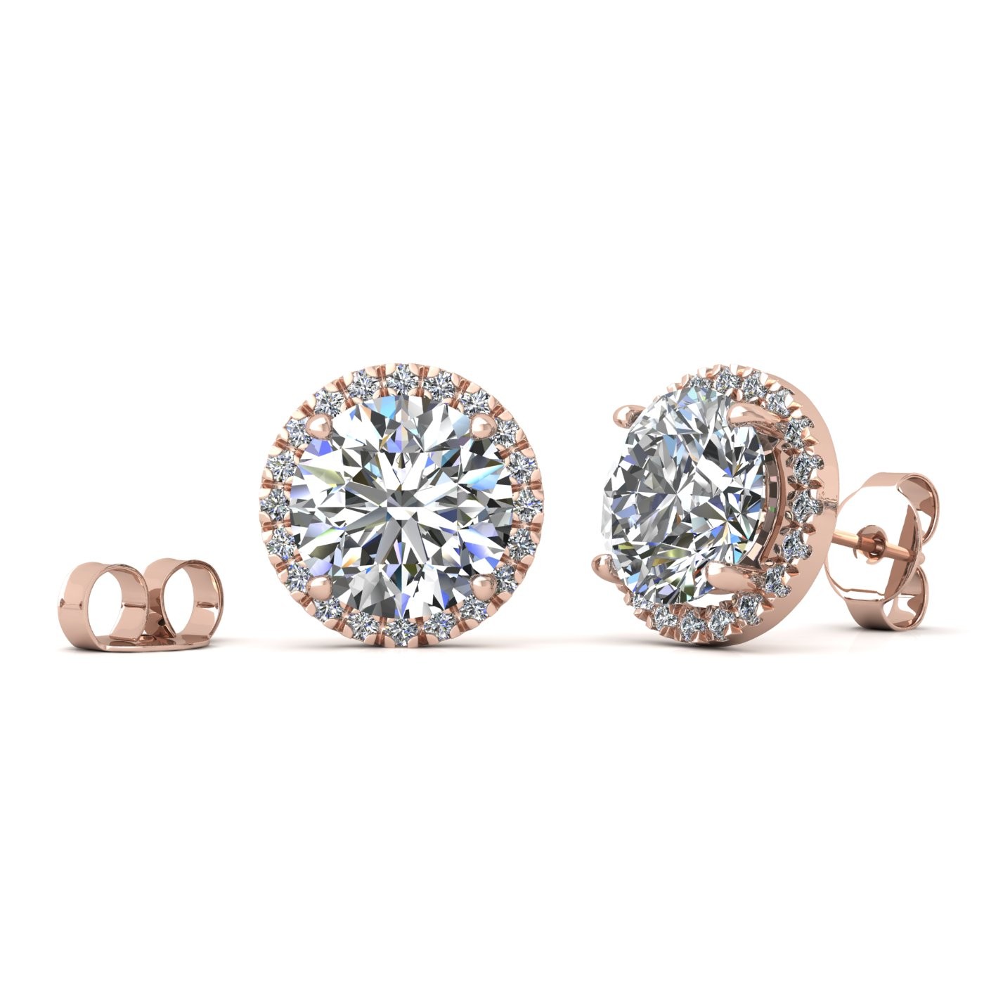 18k rose gold  0,5 ct each (1,0 tcw) 4 prongs round shape diamond earrings with diamond pavÉ set halo Photos & images