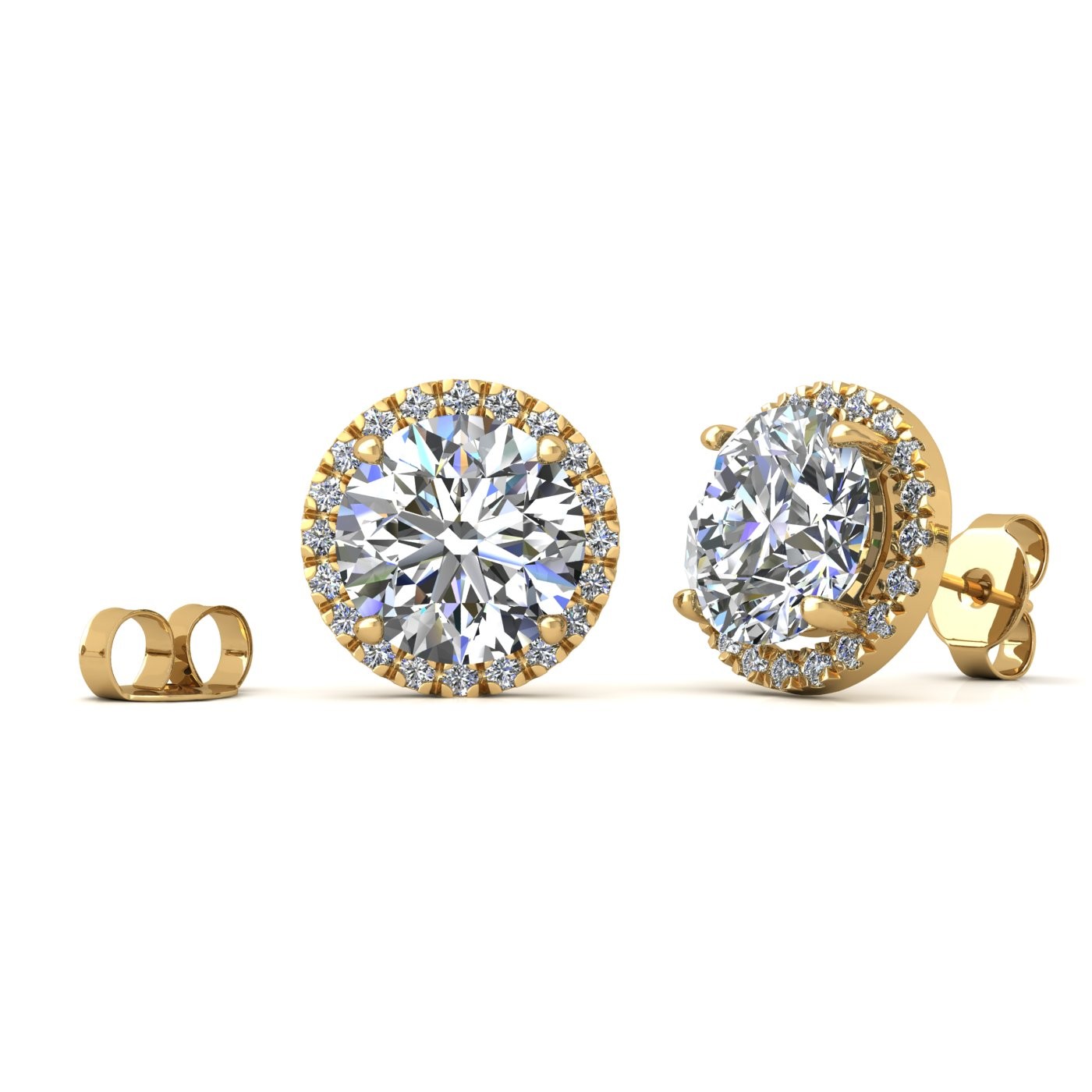 18k yellow gold  1,5 ct each (3,0 tcw) 4 prongs round shape diamond earrings with diamond pavÉ set halo