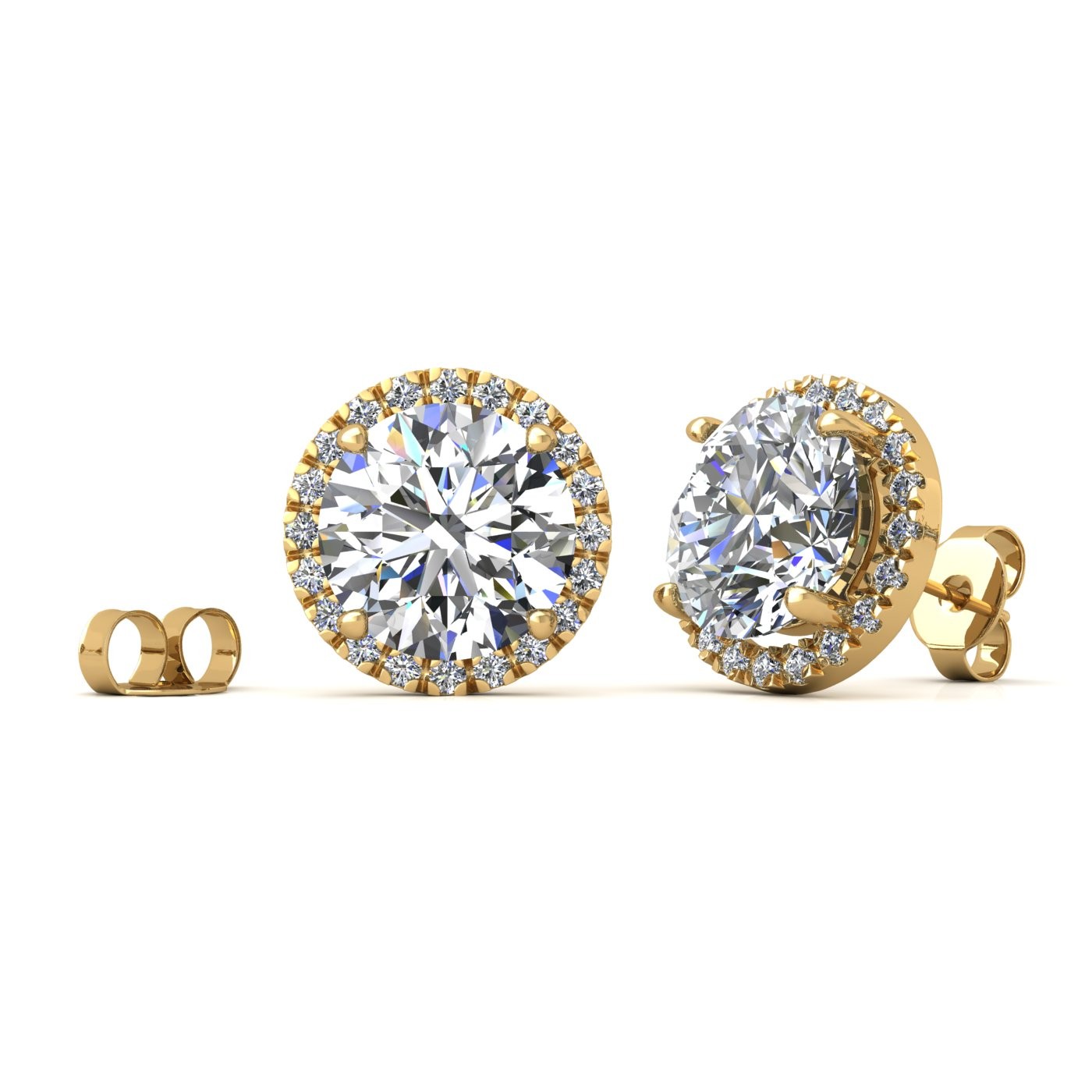 18k yellow gold 2 ct each (4,0 tcw) 4 prongs round shape diamond earrings with diamond pavÉ set halo