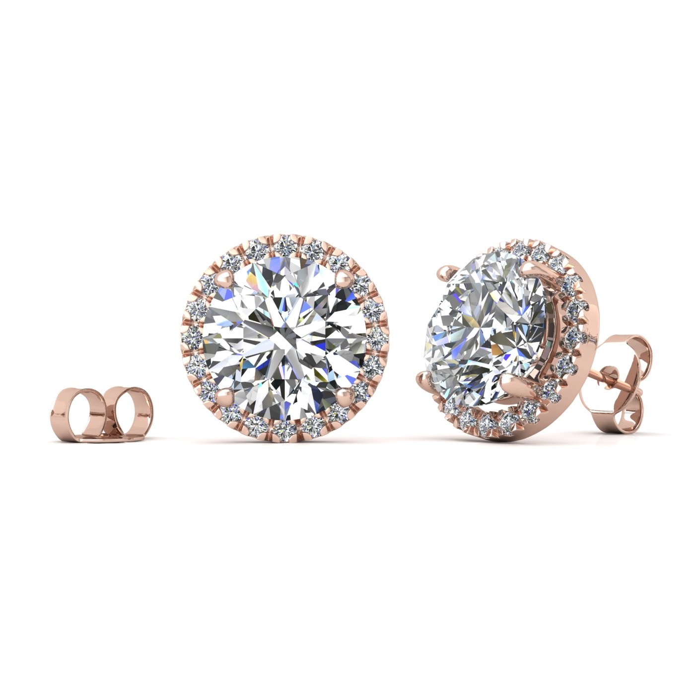 18k rose gold 2 ct each (4,0 tcw) 4 prongs round shape diamond earrings with diamond pavÉ set halo