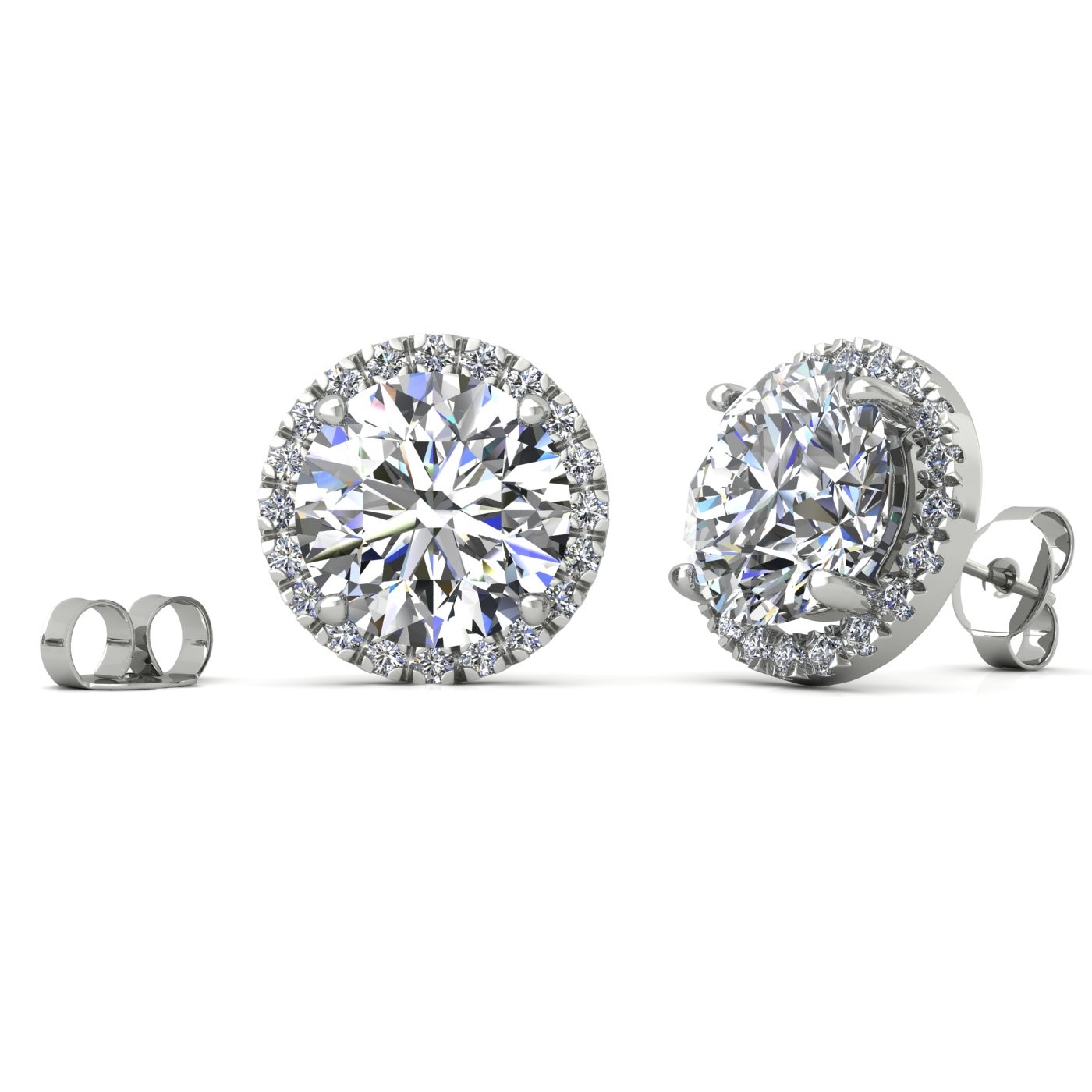18k white gold  0,3 ct each (0,6 tcw) 4 prongs round shape diamond earrings with diamond pavÉ set halo Photos & images