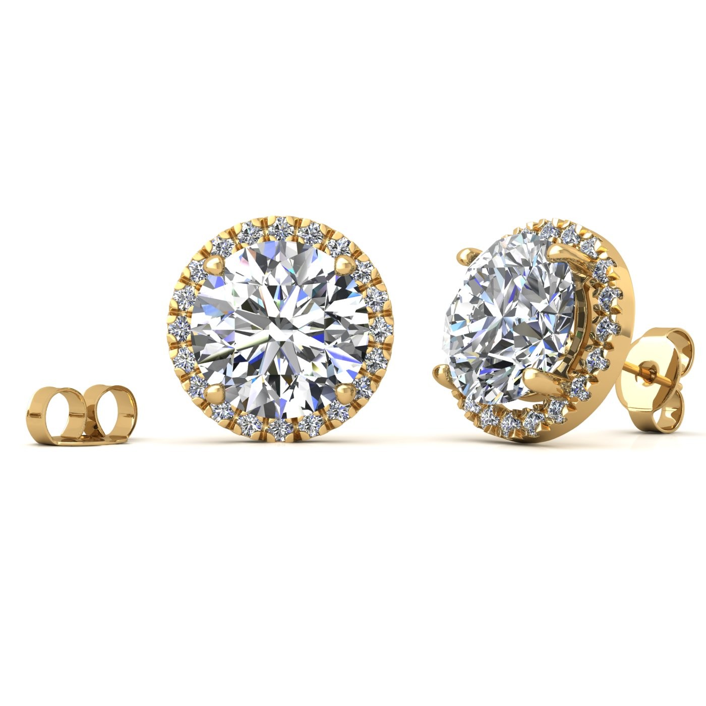 18k yellow gold  2,5 ct each (5,0 tcw) 4 prongs round shape diamond earrings with diamond pavÉ set halo