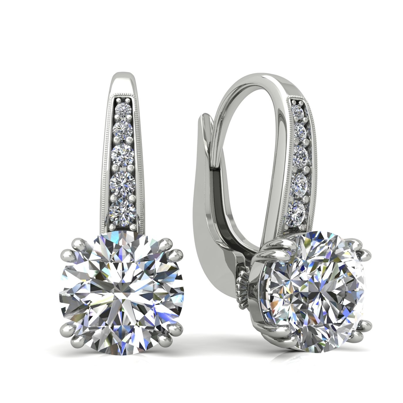 18k white gold  1 ct each (2 ct tcw) 8 prongs round shape leverback diamond earrings