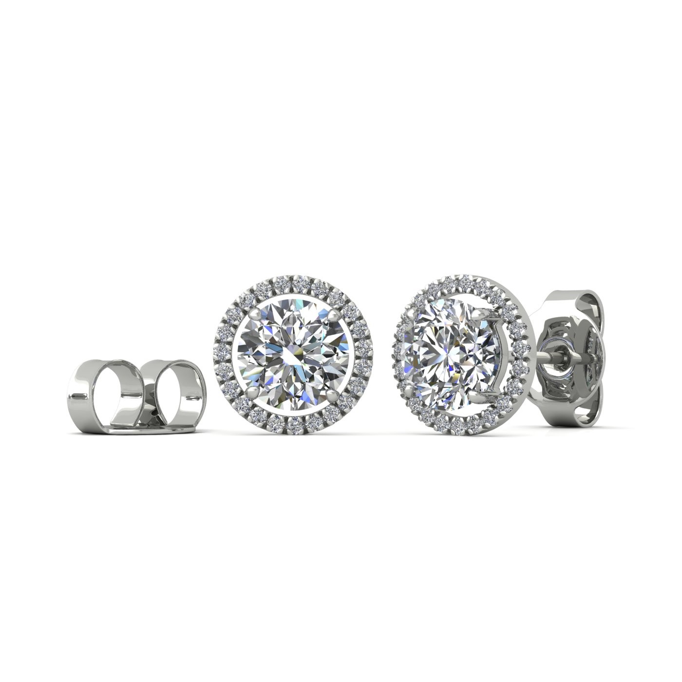 18k white gold  2,5 ct each (5 tcw) 4 prongs round brilliant cut halo diamond earring studs Photos & images