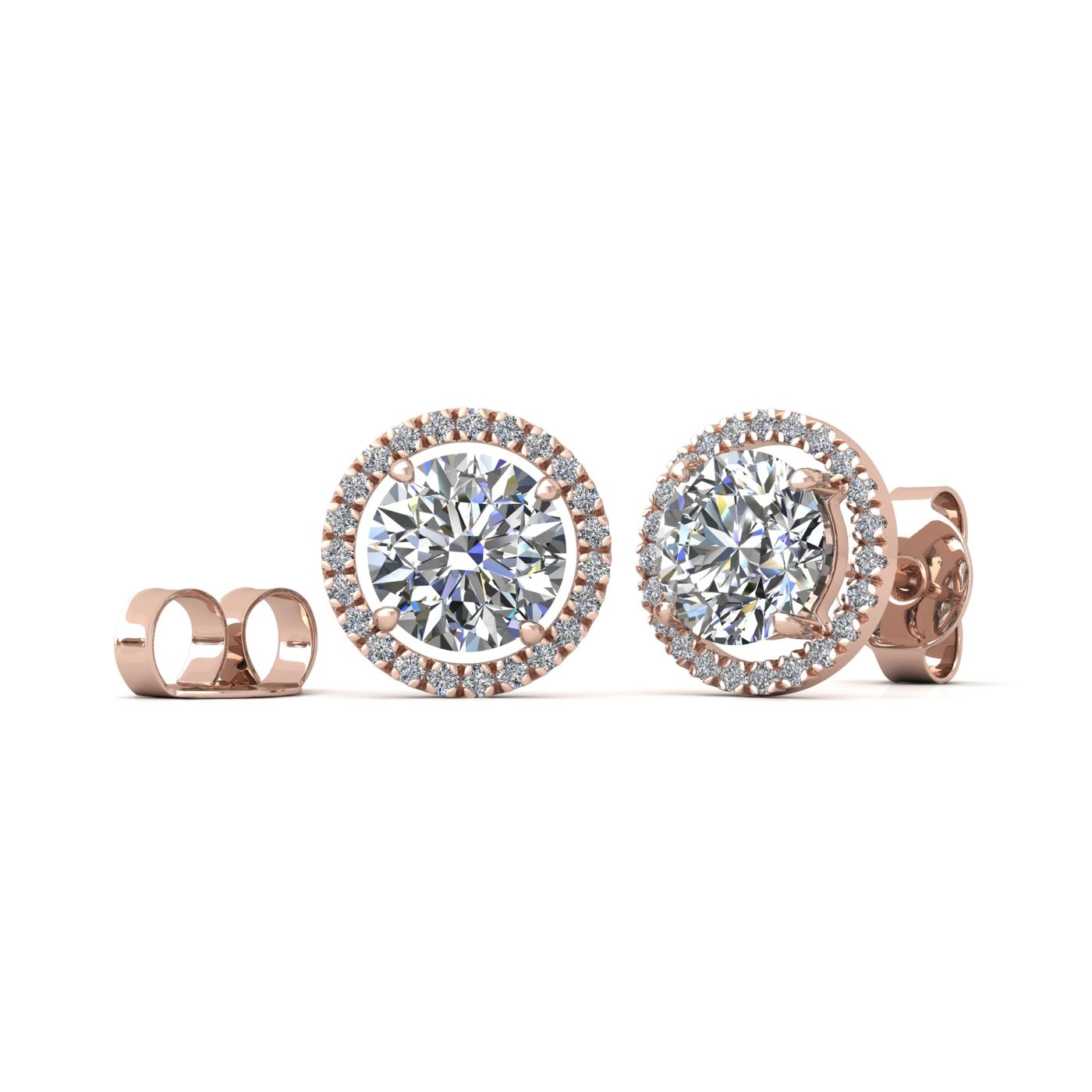 18k rose gold  0,3 ct each (0,6 tcw) 4 prongs round brilliant cut halo diamond earring studs Photos & images