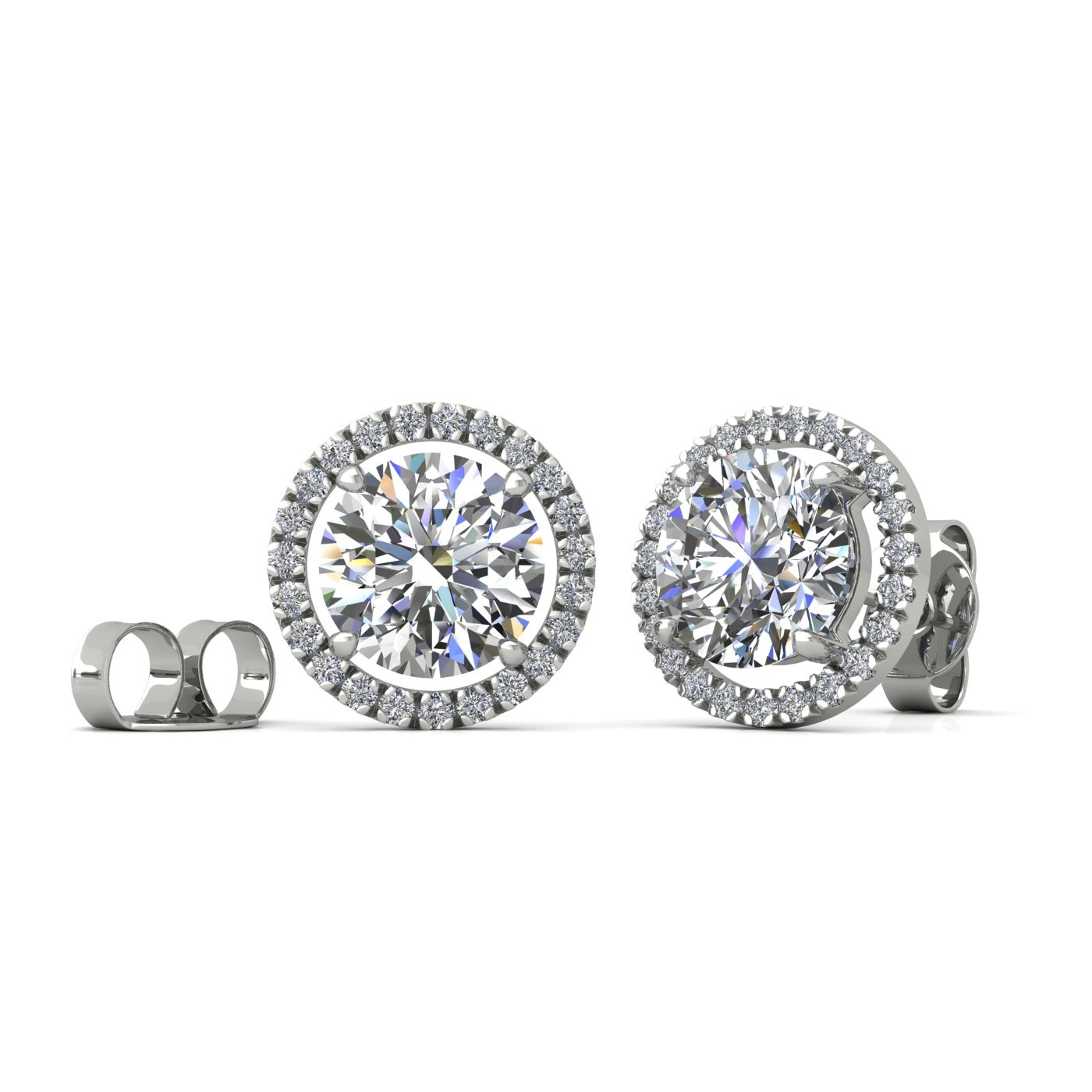 18k white gold  0,7 ct each (1,4 tcw) 4 prongs round brilliant cut halo diamond earring studs