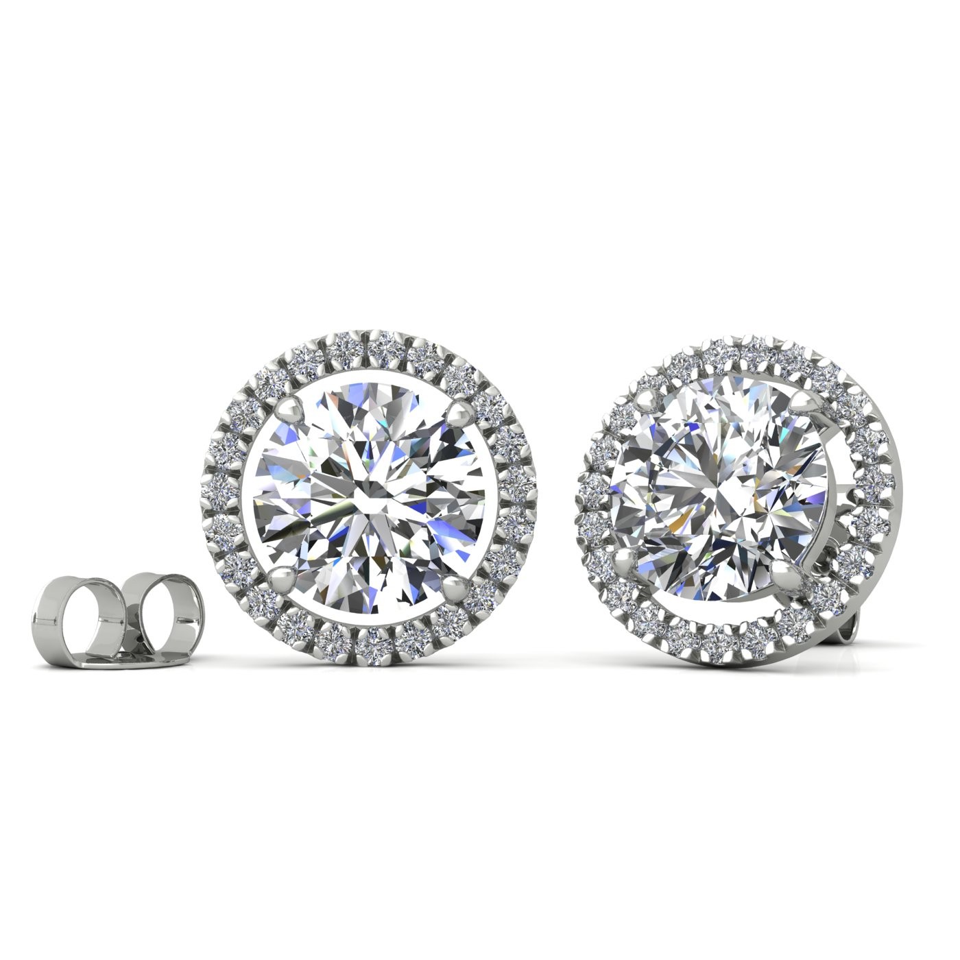 18k white gold  0,3 ct each (0,6 tcw) 4 prongs round brilliant cut halo diamond earring studs Photos & images