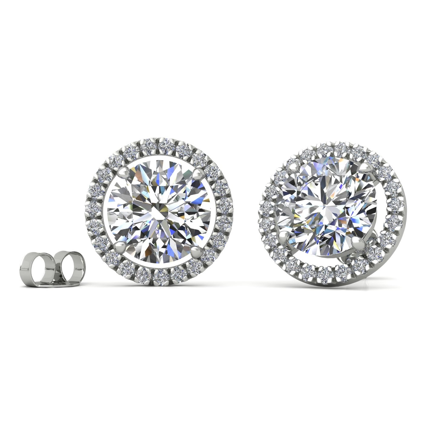 18k white gold  0,7 ct each (1,4 tcw) 4 prongs round brilliant cut halo diamond earring studs Photos & images