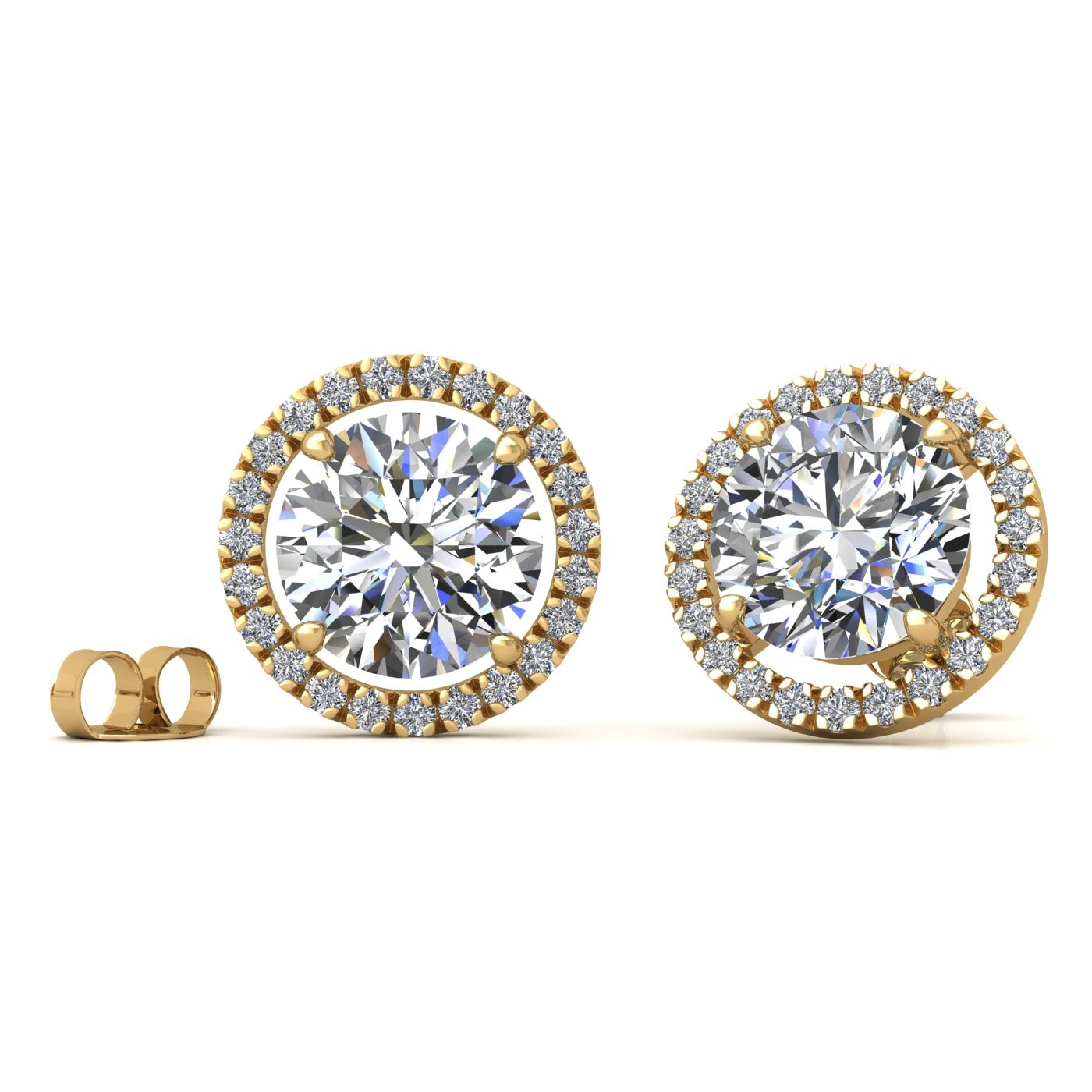 18k yellow gold  0,3 ct each (0,6 tcw) 4 prongs round brilliant cut halo diamond earring studs Photos & images