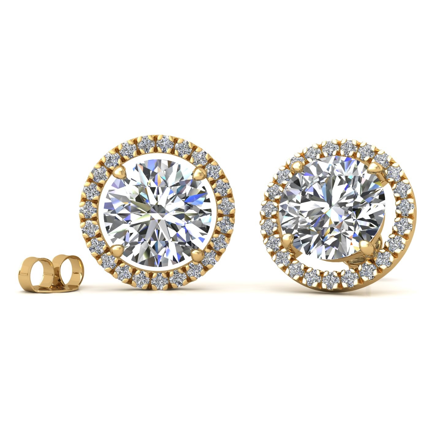 18k yellow gold  0,3 ct each (0,6 tcw) 4 prongs round brilliant cut halo diamond earring studs Photos & images