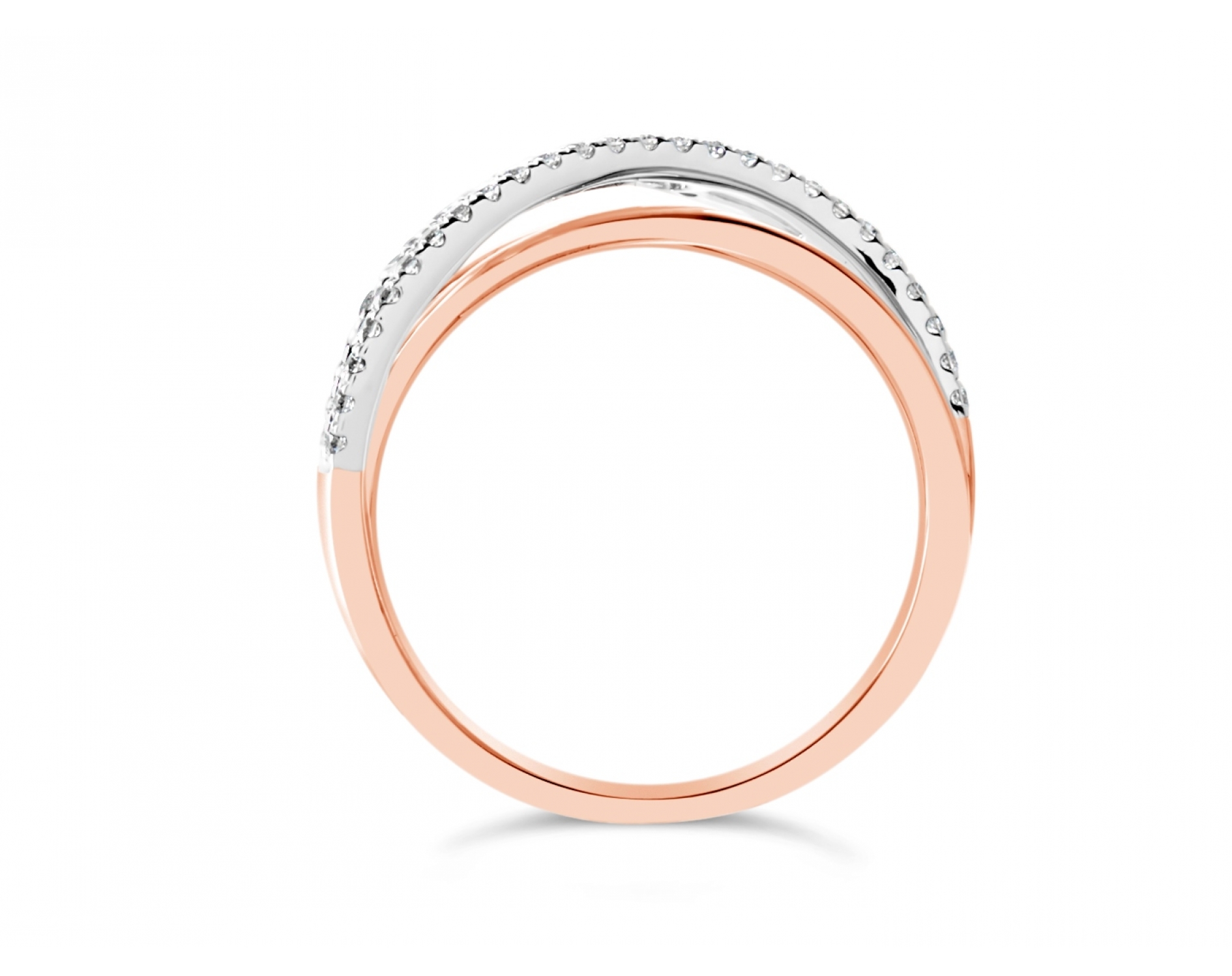 18k rose gold crossover ring in pave set