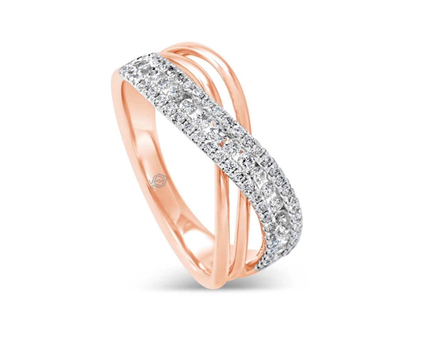 18k rose gold crossover ring in pave set