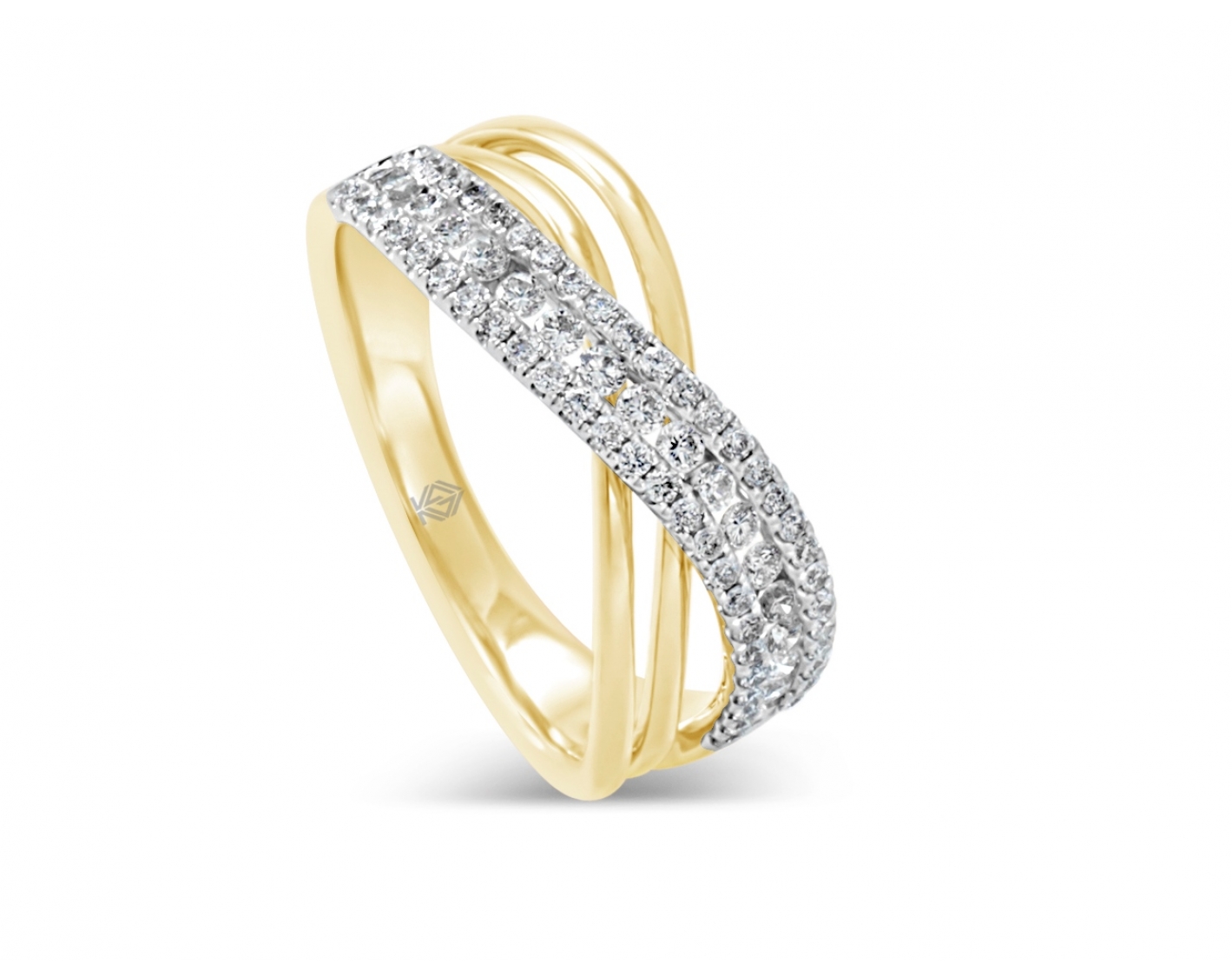 18k yellow gold crossover ring in pave set