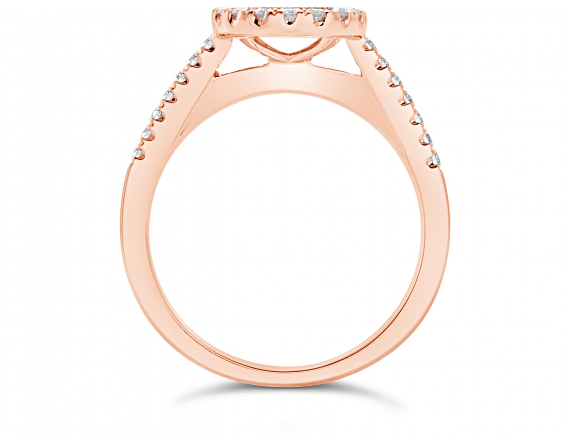 18k rose gold halo illusion set engagement ring with pave set sidestones
