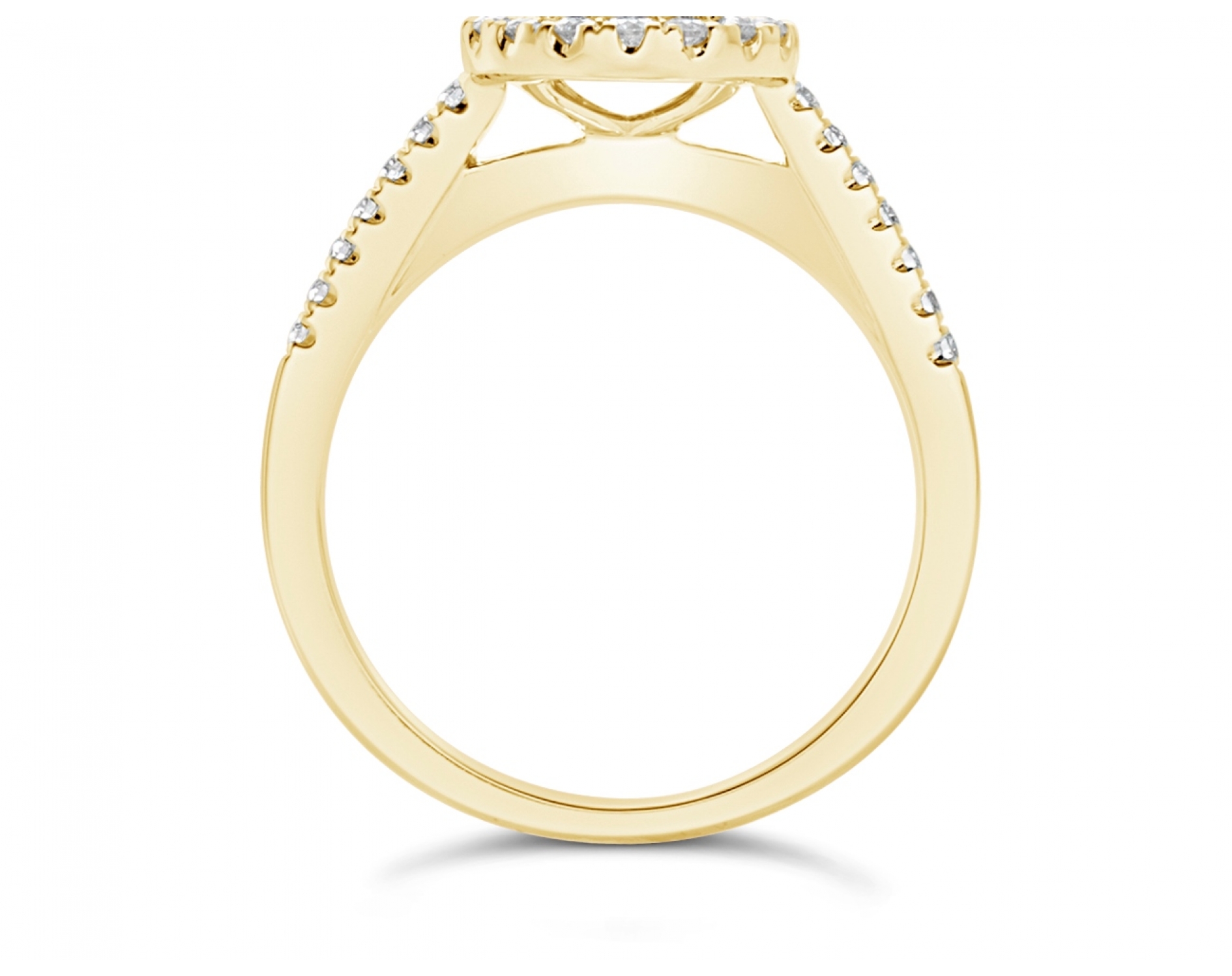 18k yellow gold halo illusion set engagement ring with pave set sidestones