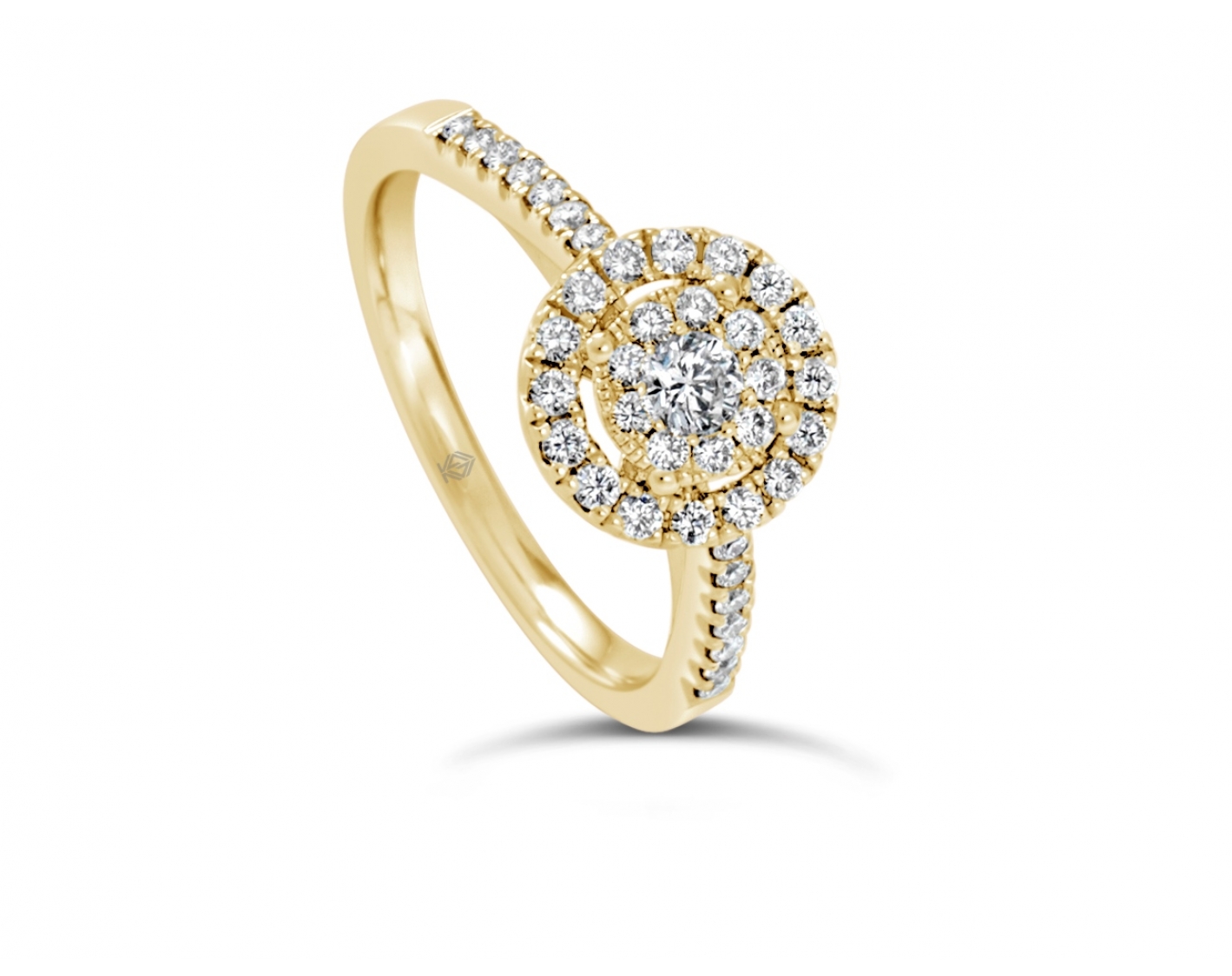 18k yellow gold halo illusion set engagement ring with pave set sidestones Photos & images