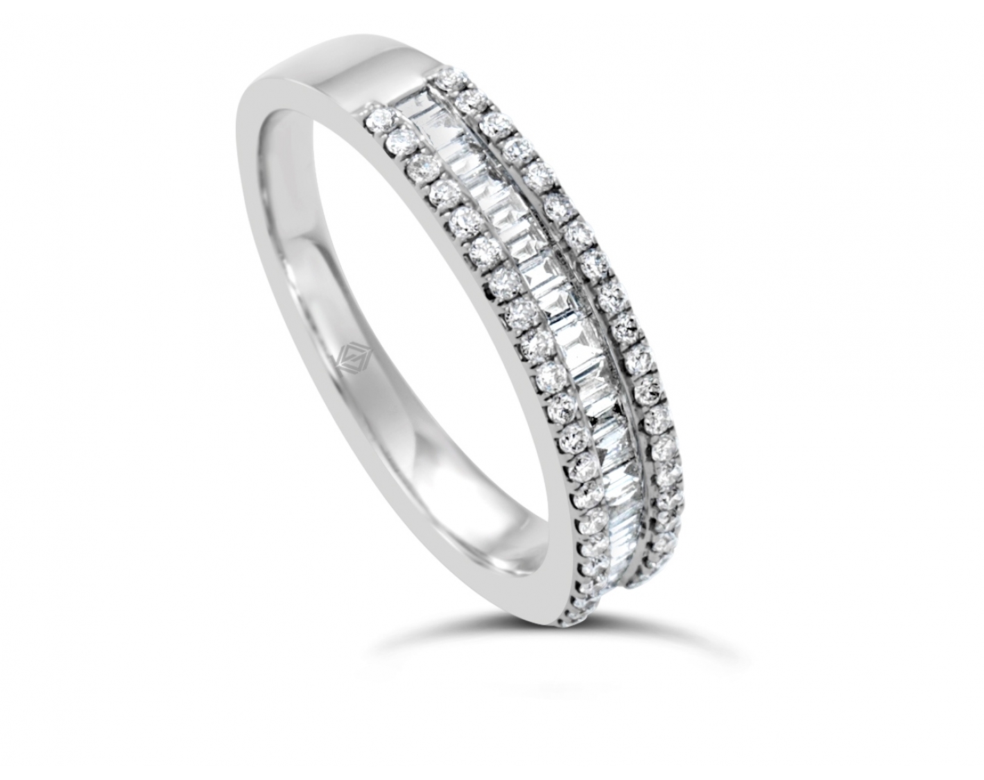 18k white gold half eternity round & emerald cut diamonds in pave & channel set wedding band