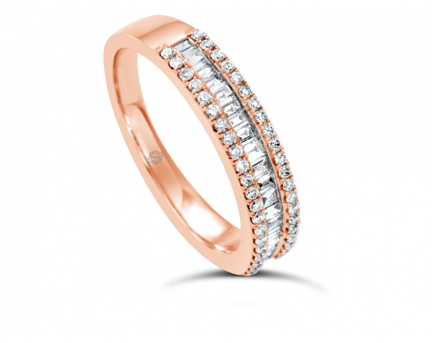 18k rose gold half eternity round & emerald cut diamonds in pave & channel set wedding band