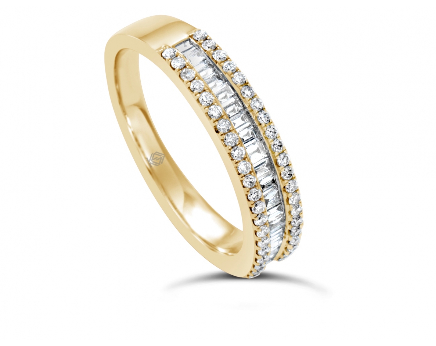 18k yellow gold half eternity round & emerald cut diamonds in pave & channel set wedding band
