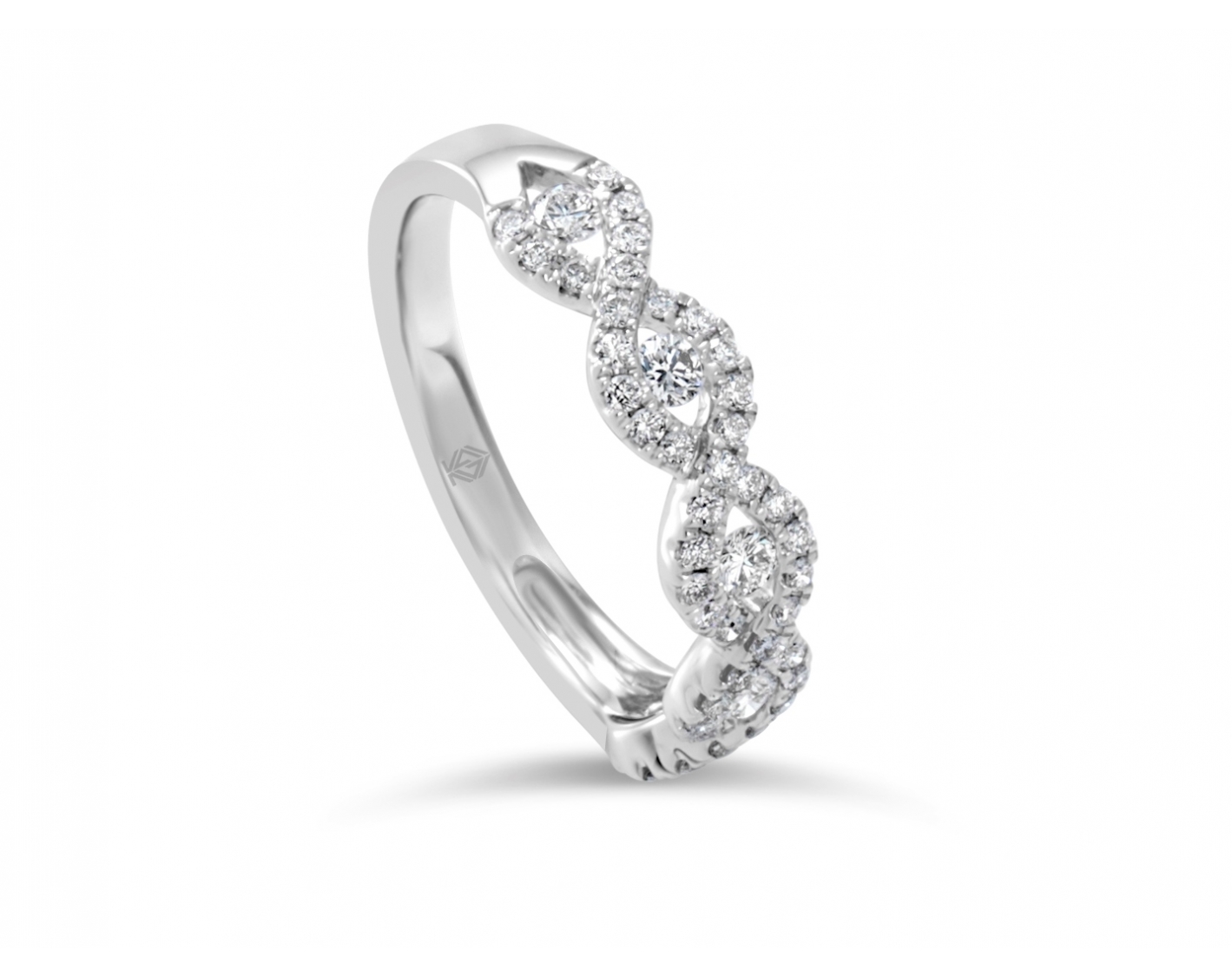18k white gold half eternity infinity halo and pave set round brilliant diamond wedding ring