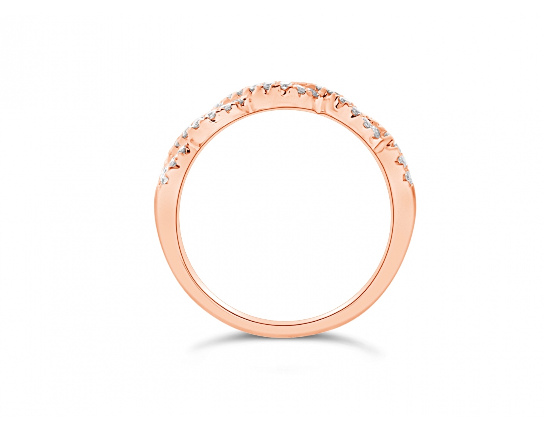 18k rose gold half eternity infinity halo and pave set round brilliant diamond wedding ring