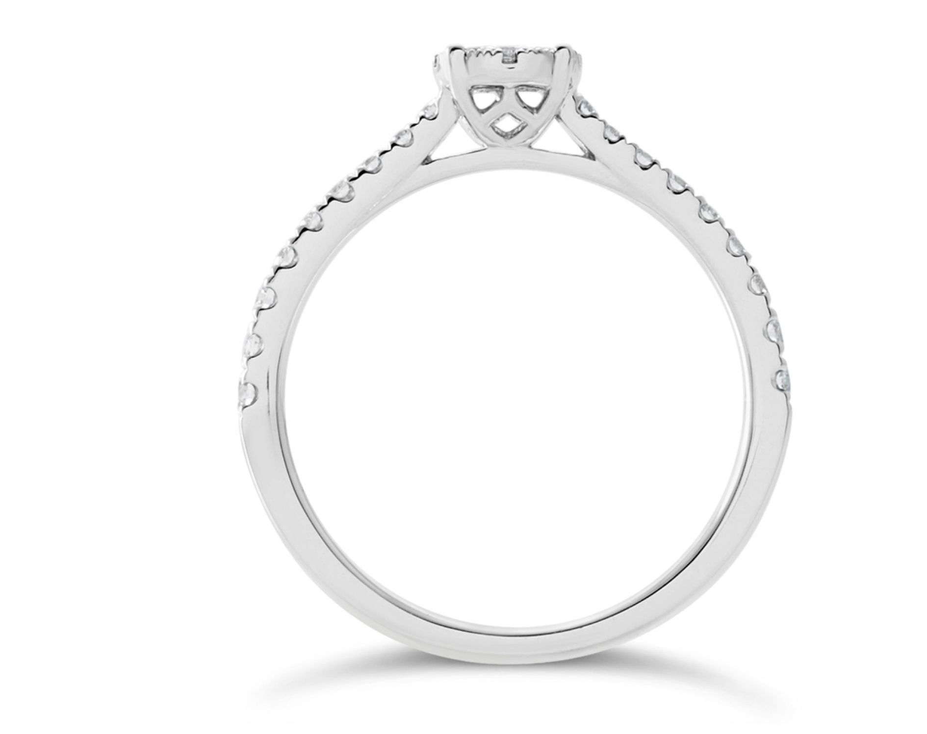 18k white gold cathedral halo illusion set engagement ring with round pave set sidestones