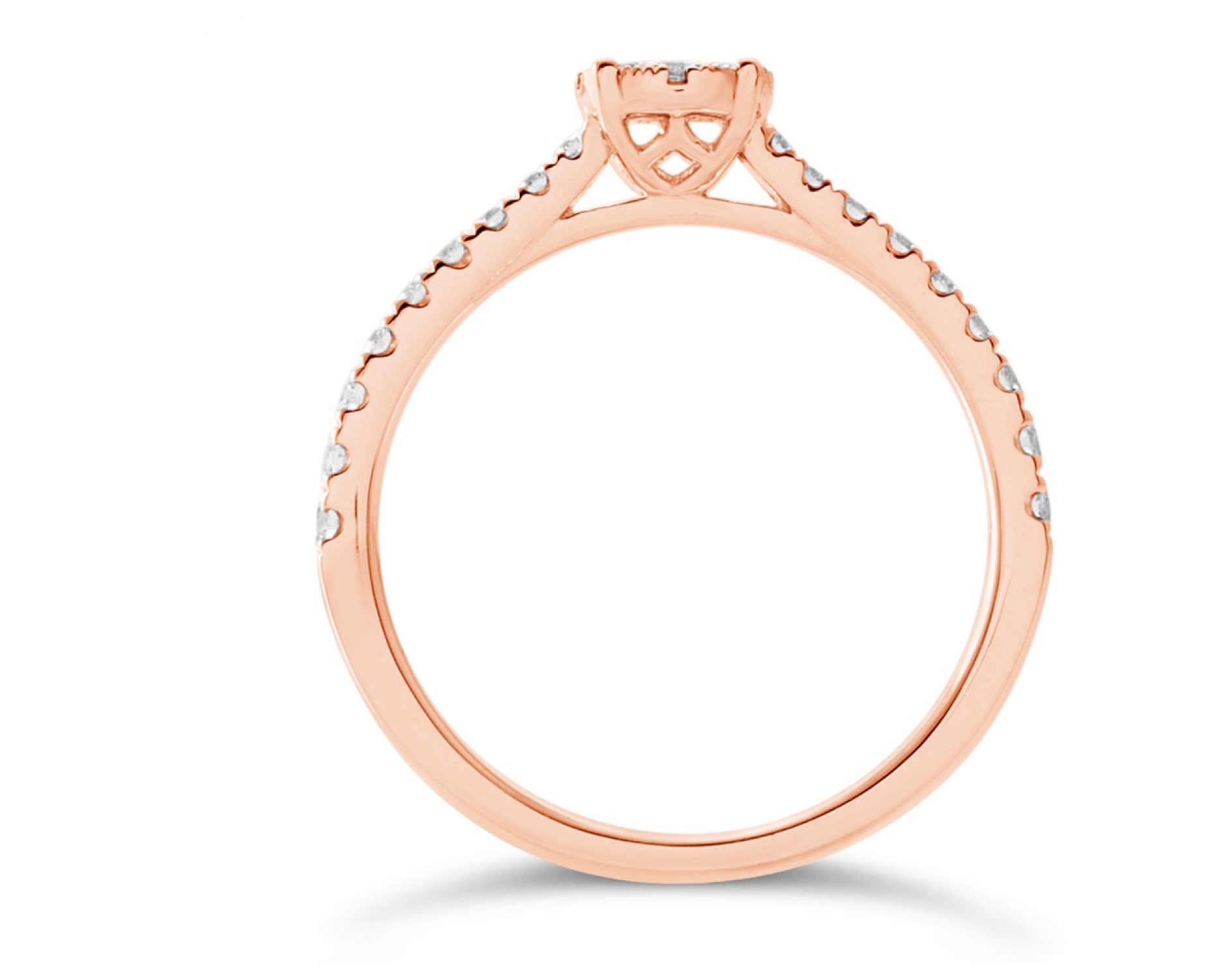 18k rose gold cathedral halo illusion set engagement ring with round pave set sidestones