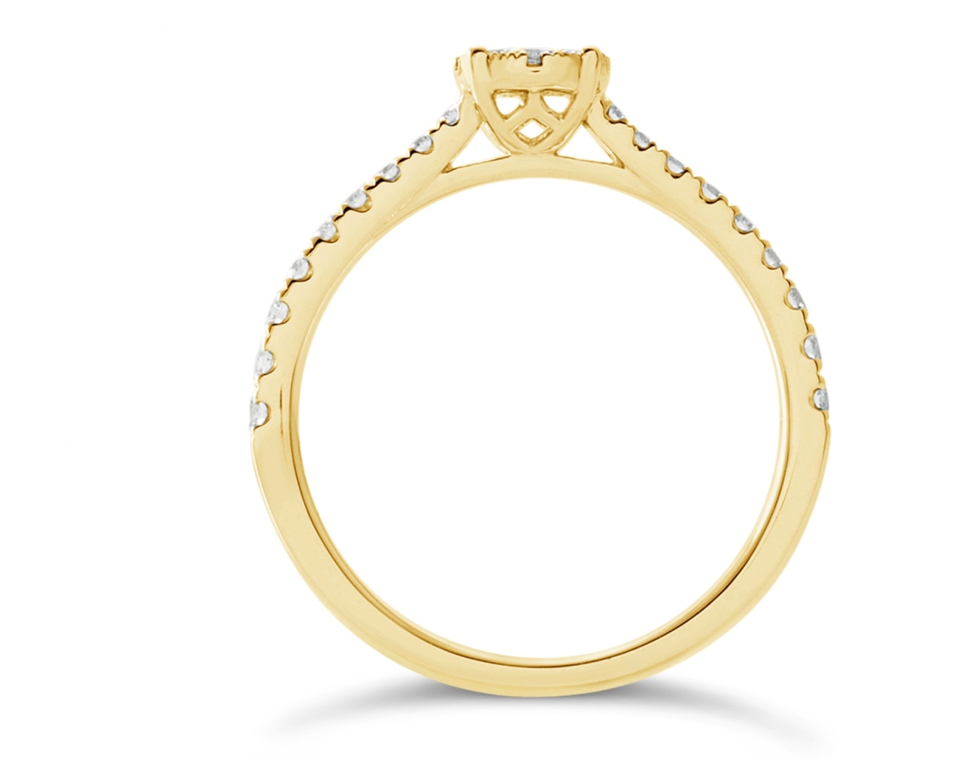 18k yellow gold cathedral halo illusion set engagement ring with round pave set sidestones