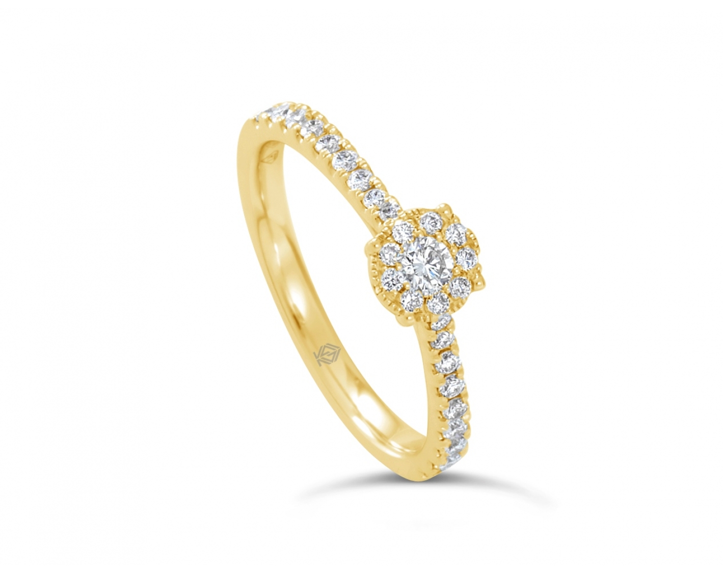 18k yellow gold cathedral halo illusion set engagement ring with round pave set sidestones Photos & images