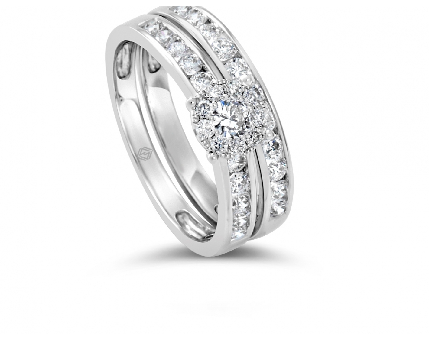 18k white gold halo illusion set engagement ring & matching wedding band in channel set (2 rings)