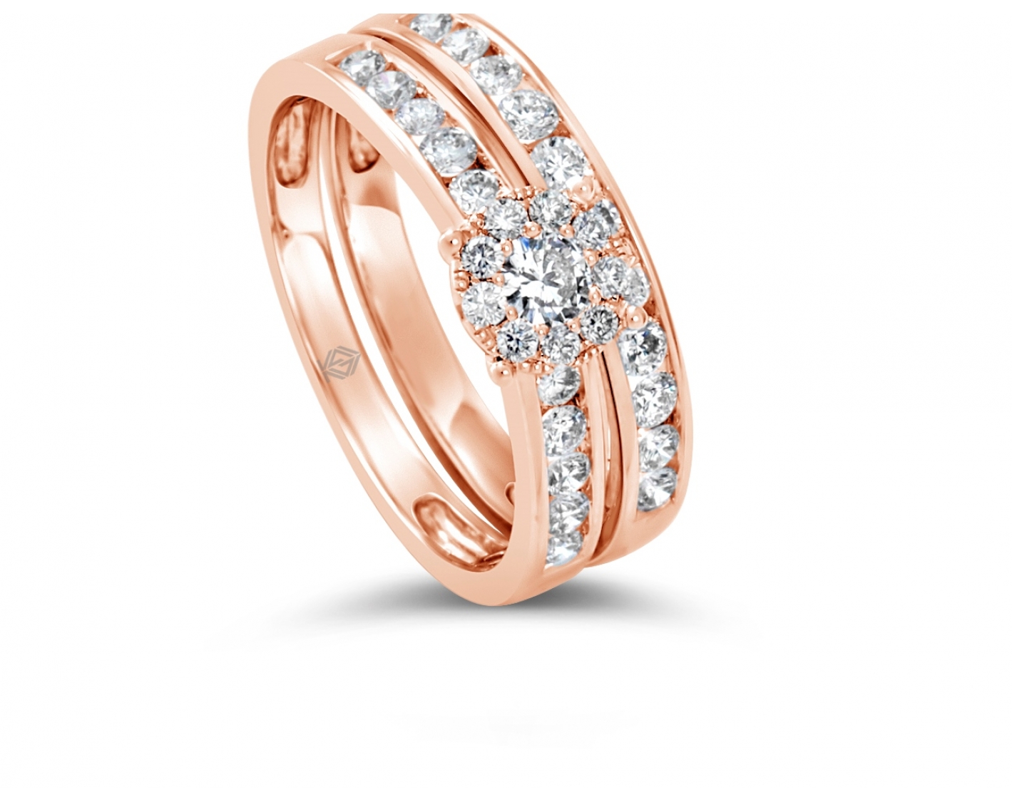 18k rose gold halo illusion set engagement ring & matching wedding band in channel set (2 rings)