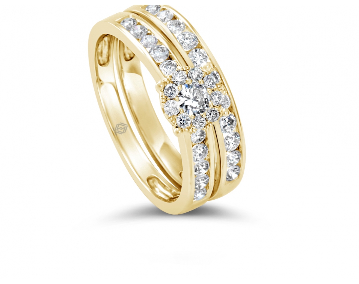 18k yellow gold halo illusion set engagement ring & matching wedding band in channel set (2 rings)