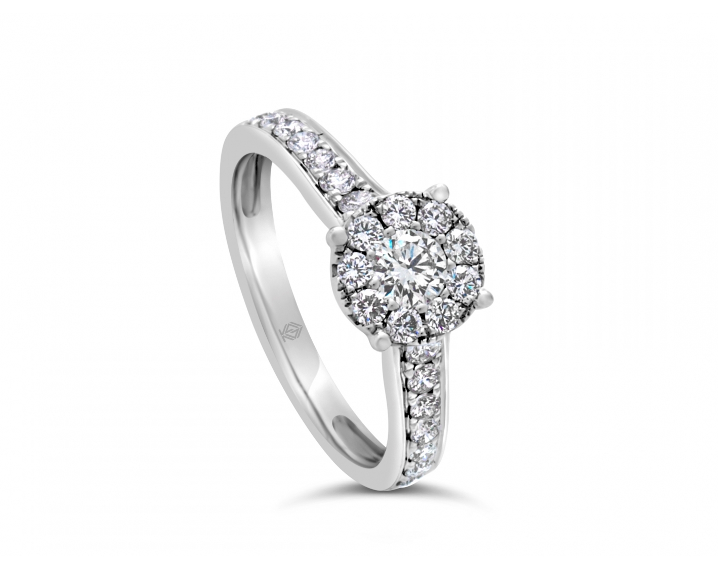 18K WHITE GOLD HALO ILLUSION SET ENGAGEMENT RING WITH ROUND CHANNEL SET DIAMONDS