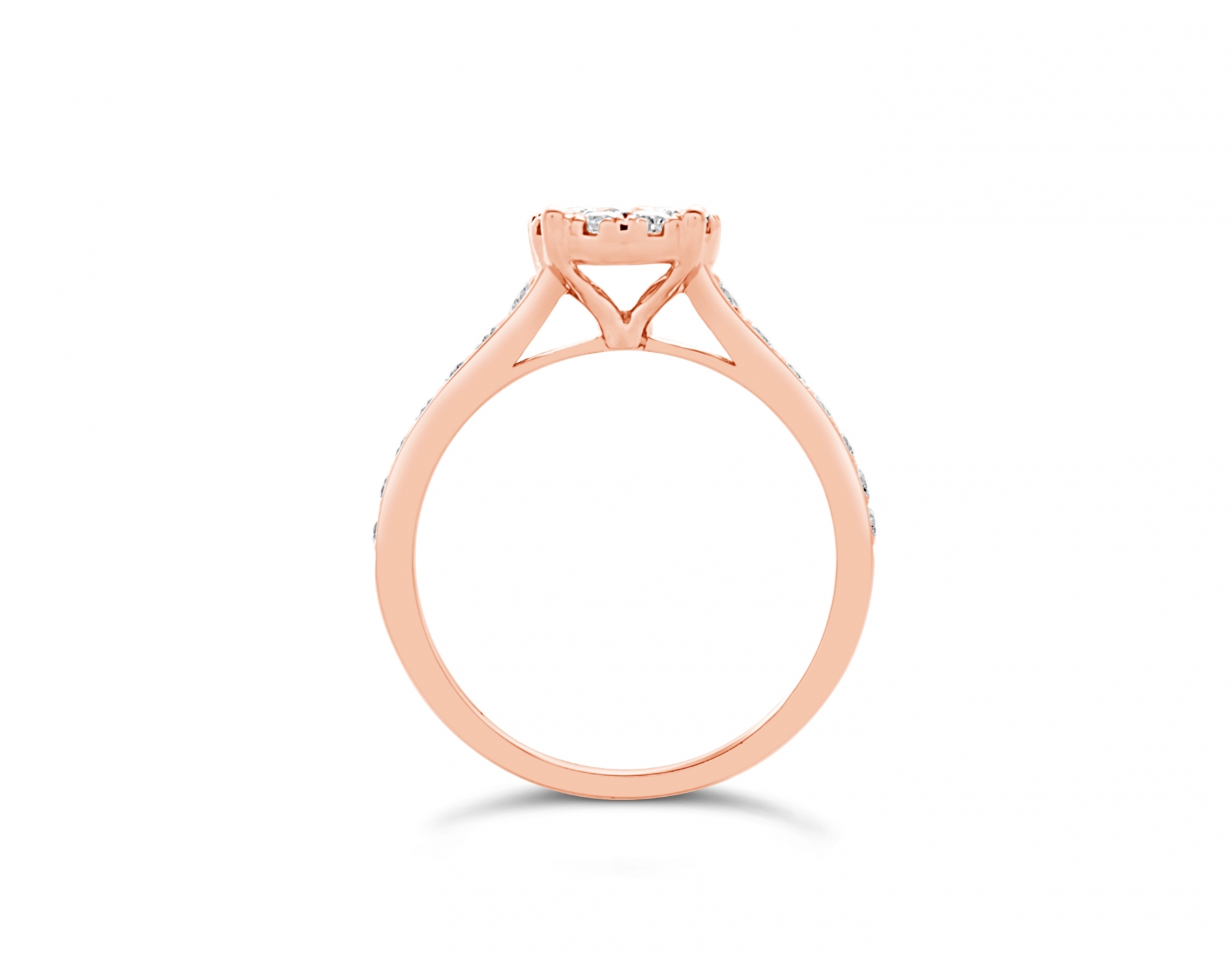 18k rose gold halo illusion set engagement ring with round channel set diamonds