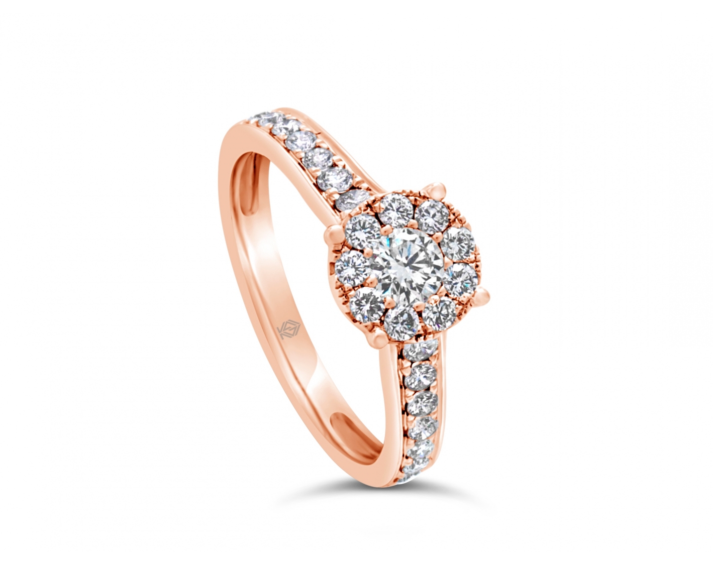 18k rose gold halo illusion set engagement ring with round channel set diamonds Photos & images