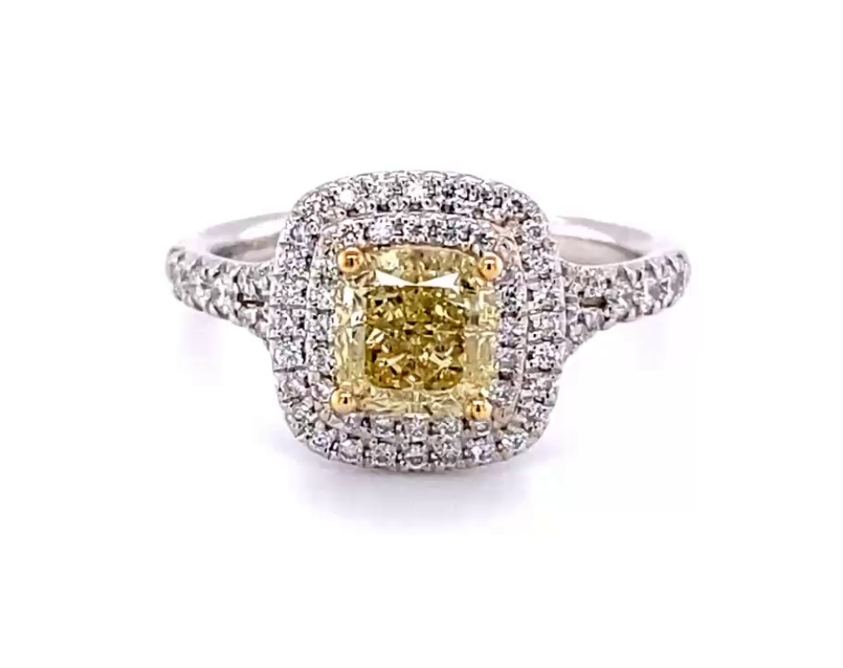 18K WHITE GOLD CUSHION CUT DIAMOND DOUBLE HALO ENGAGEMENT RING WITH SEMI SPLIT SHANK SIDE DIAMONDS IN PAVE SET WITH GIA CERTIFIED DIAMOND 1,25CT FANCY YELLOW VS1