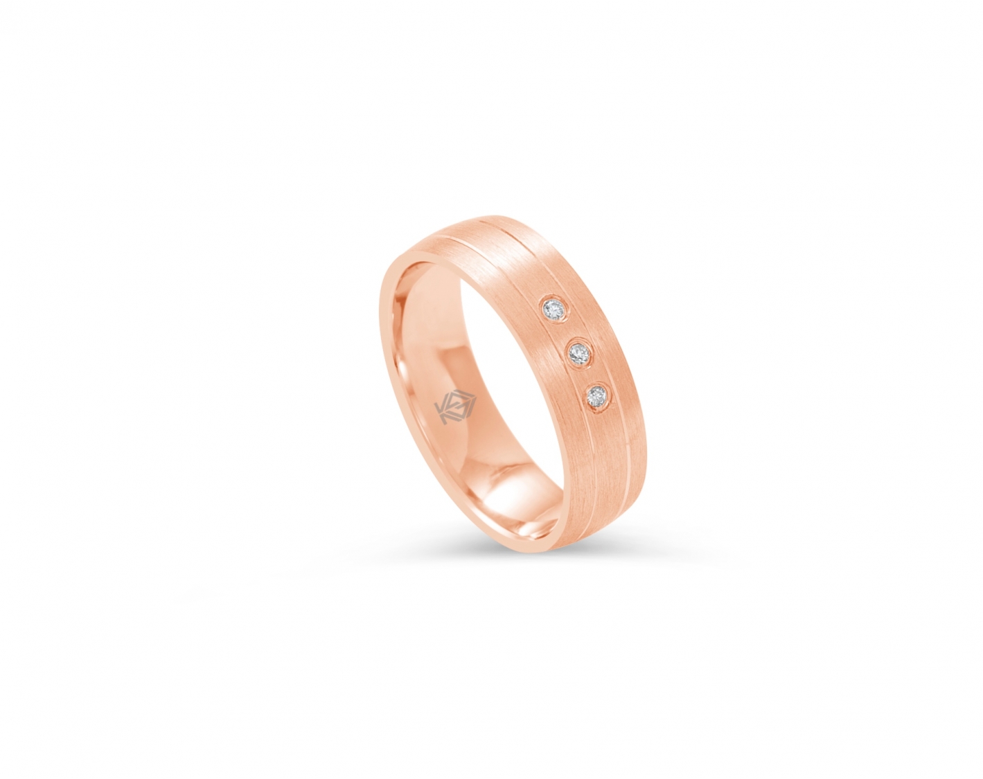 18k rose gold 5mm matte wedding ring set with three round diamonds Photos & images