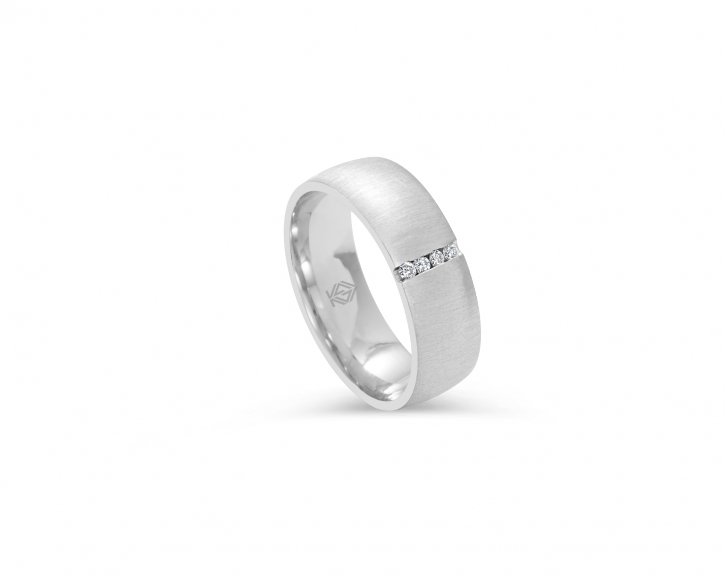 18k white gold 6mm matte wedding ring with a vertical line of four diamonds