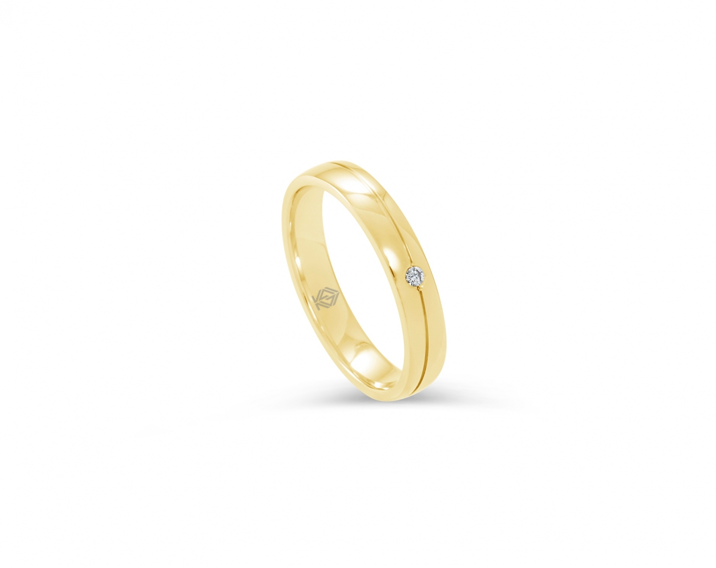 18k yellow gold 3,5mm shiny wedding ring set with a round diamond