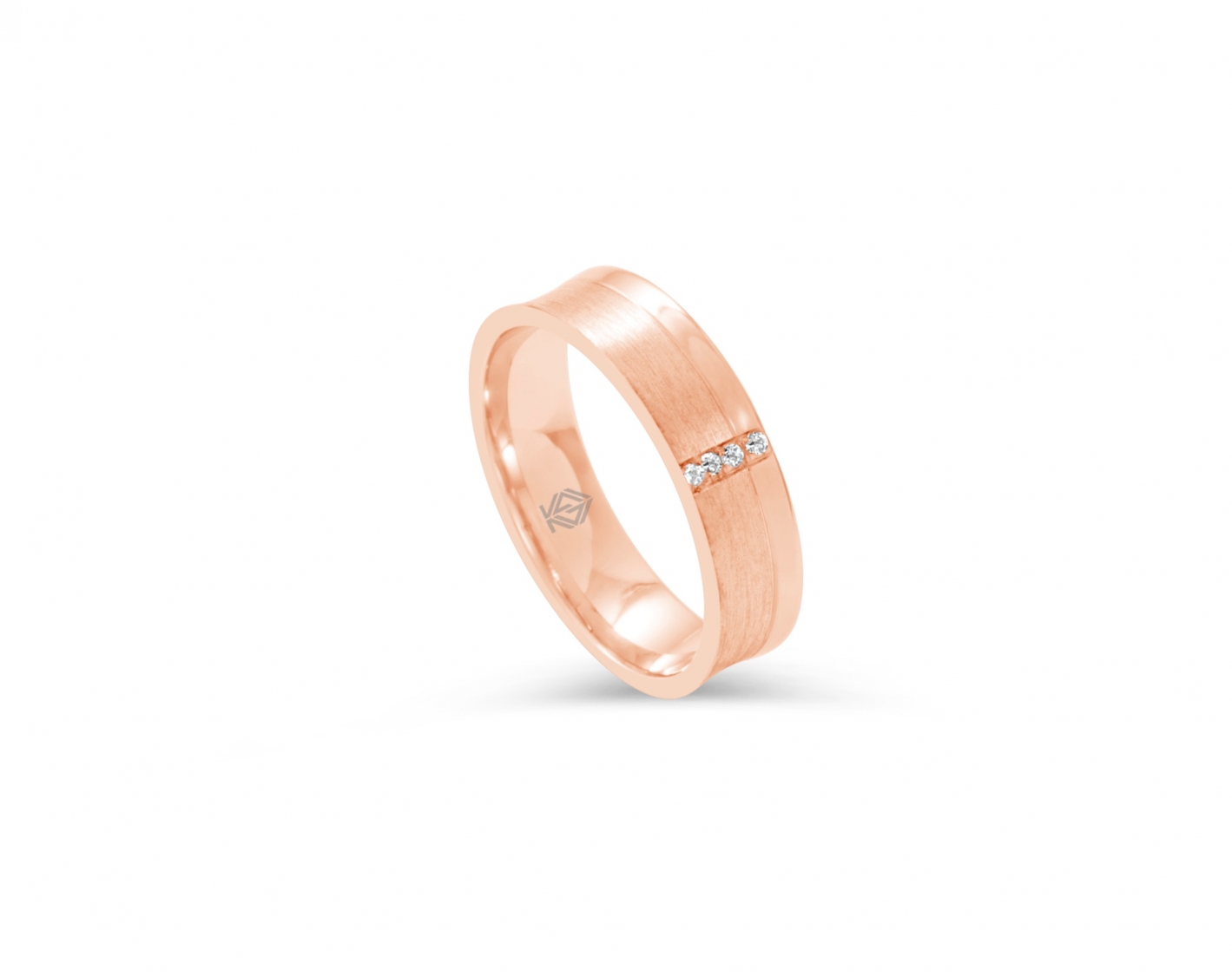 18k rose gold 5mm matte wedding ring with a vertical line of four diamonds