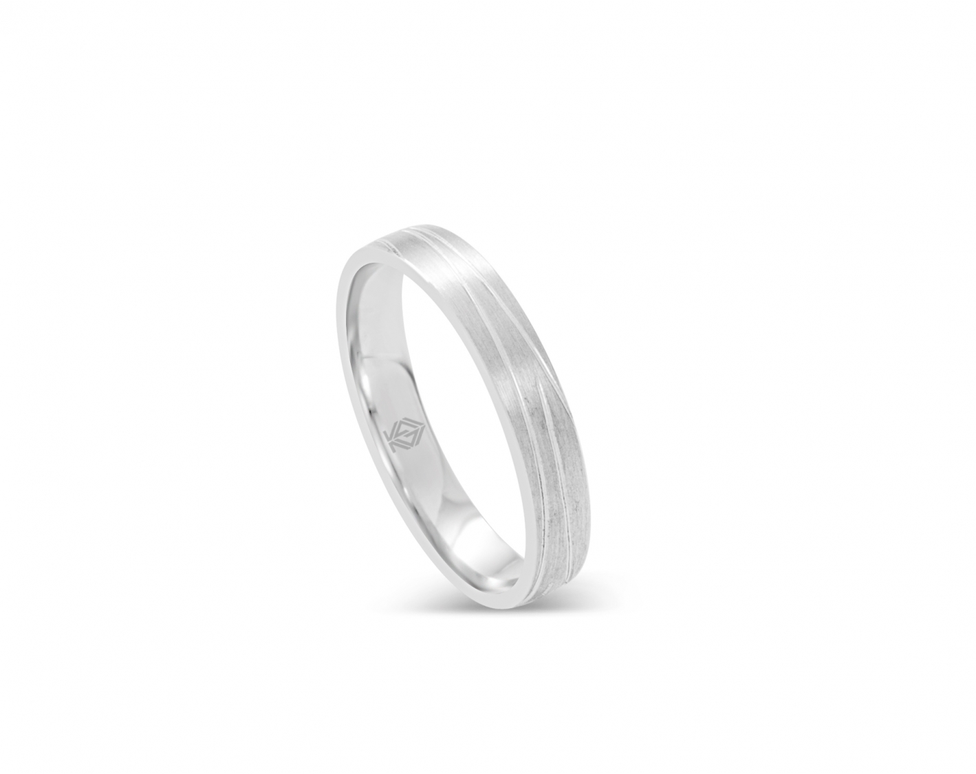 18k white gold 4mm matte wedding ring with non-parallel inlays Photos & images