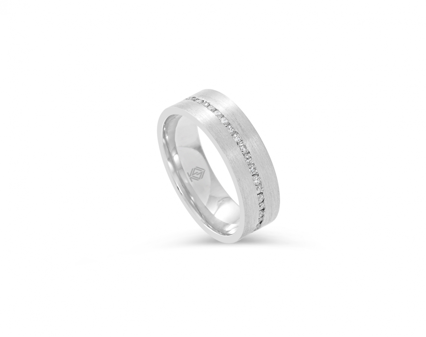 18k white gold 6mm matte wedding band with diamonds and a shiny inlay