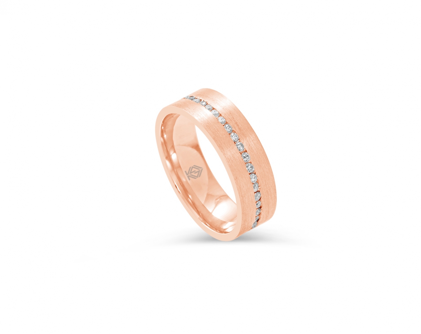 18k rose gold 6mm matte wedding band with diamonds and a shiny inlay