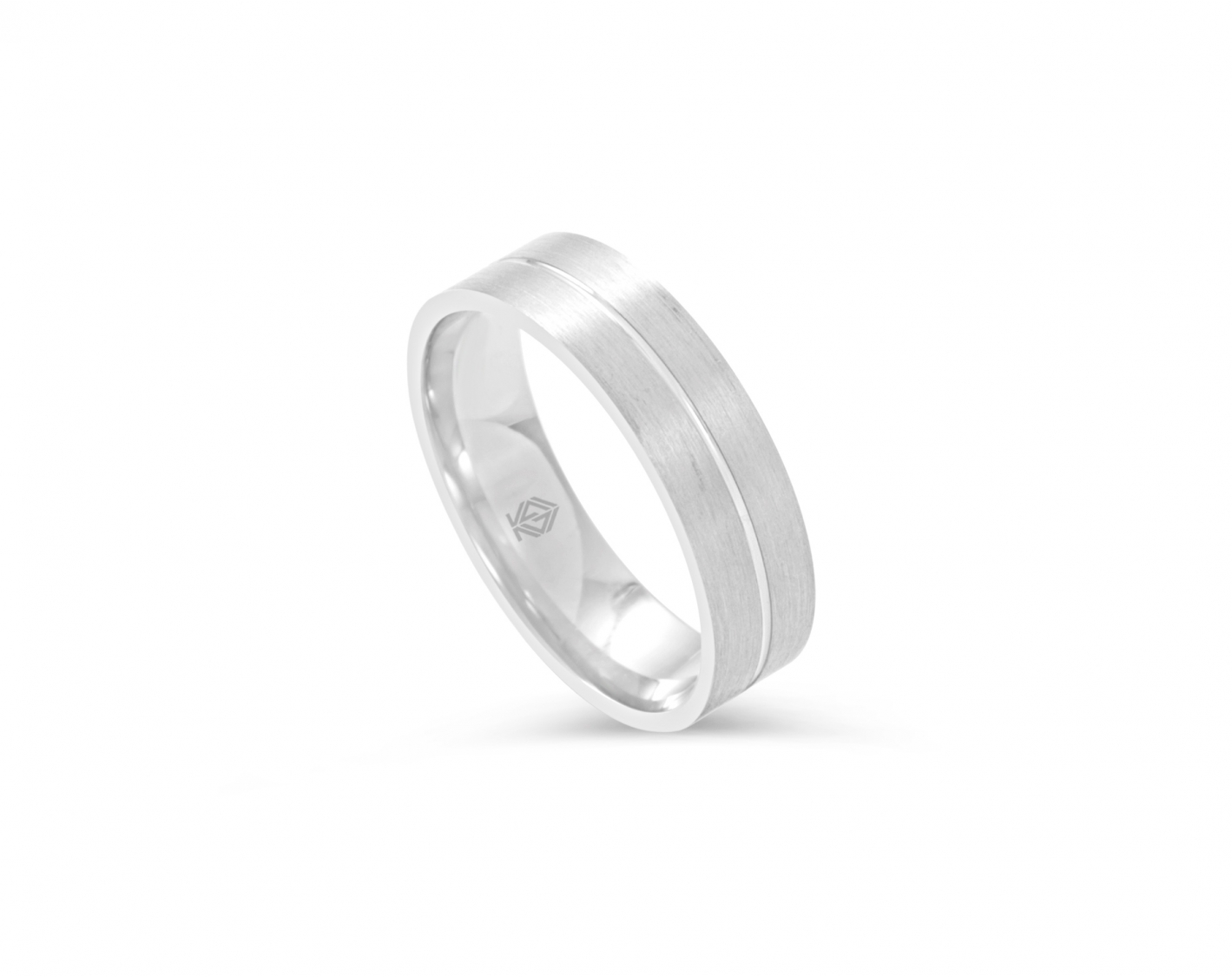 18k white gold 6mm matte wedding band with a shiny inlay Photos & images