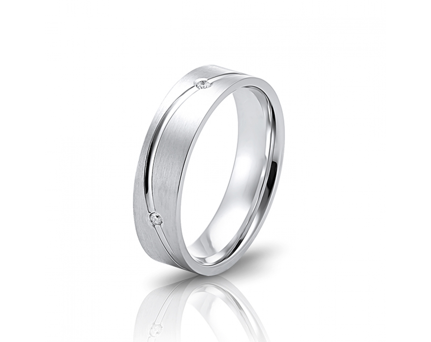 18k white gold 5mm matte wedding band with waved line and diamonds