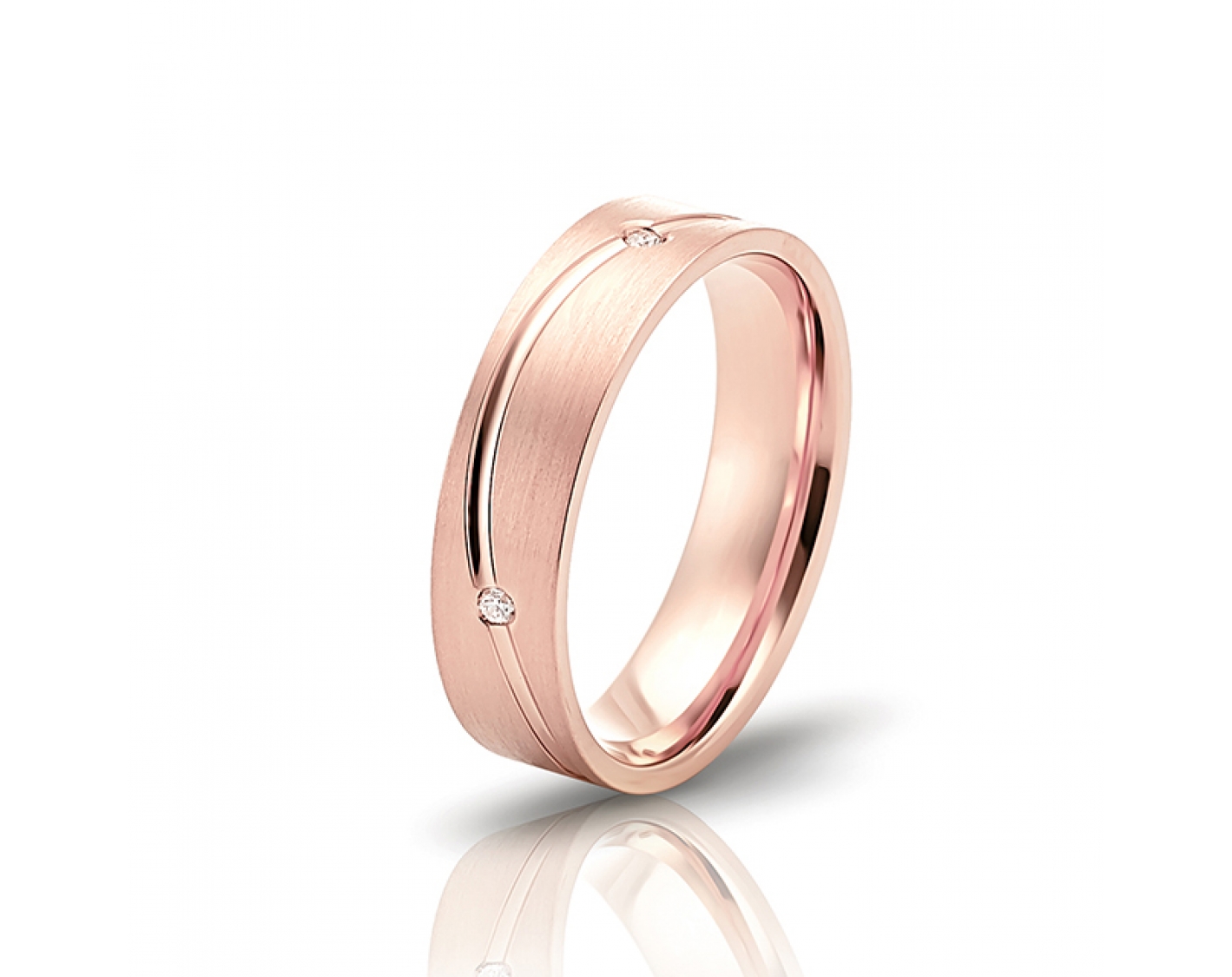 18k rose gold 5mm matte wedding band with waved line and diamonds