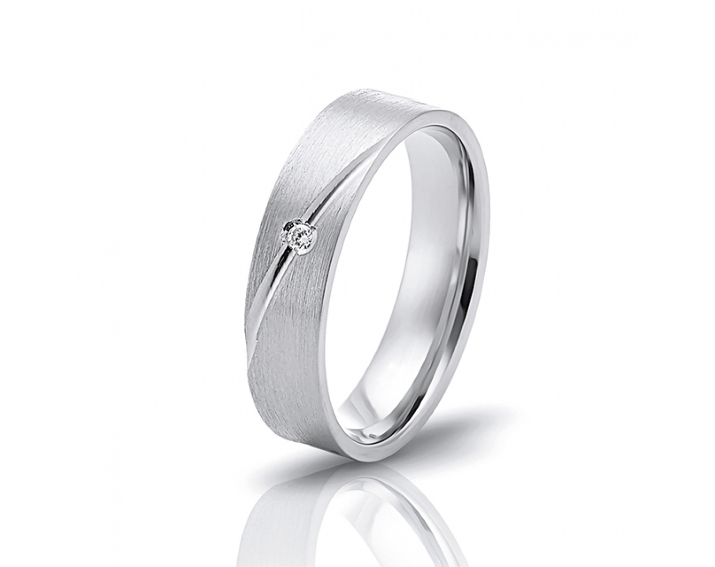 18k white gold 5mm matte wedding band with diagonal line and a diamond