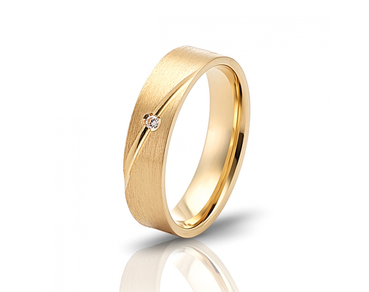 18k yellow gold 5mm matte wedding band with diagonal line and a diamond